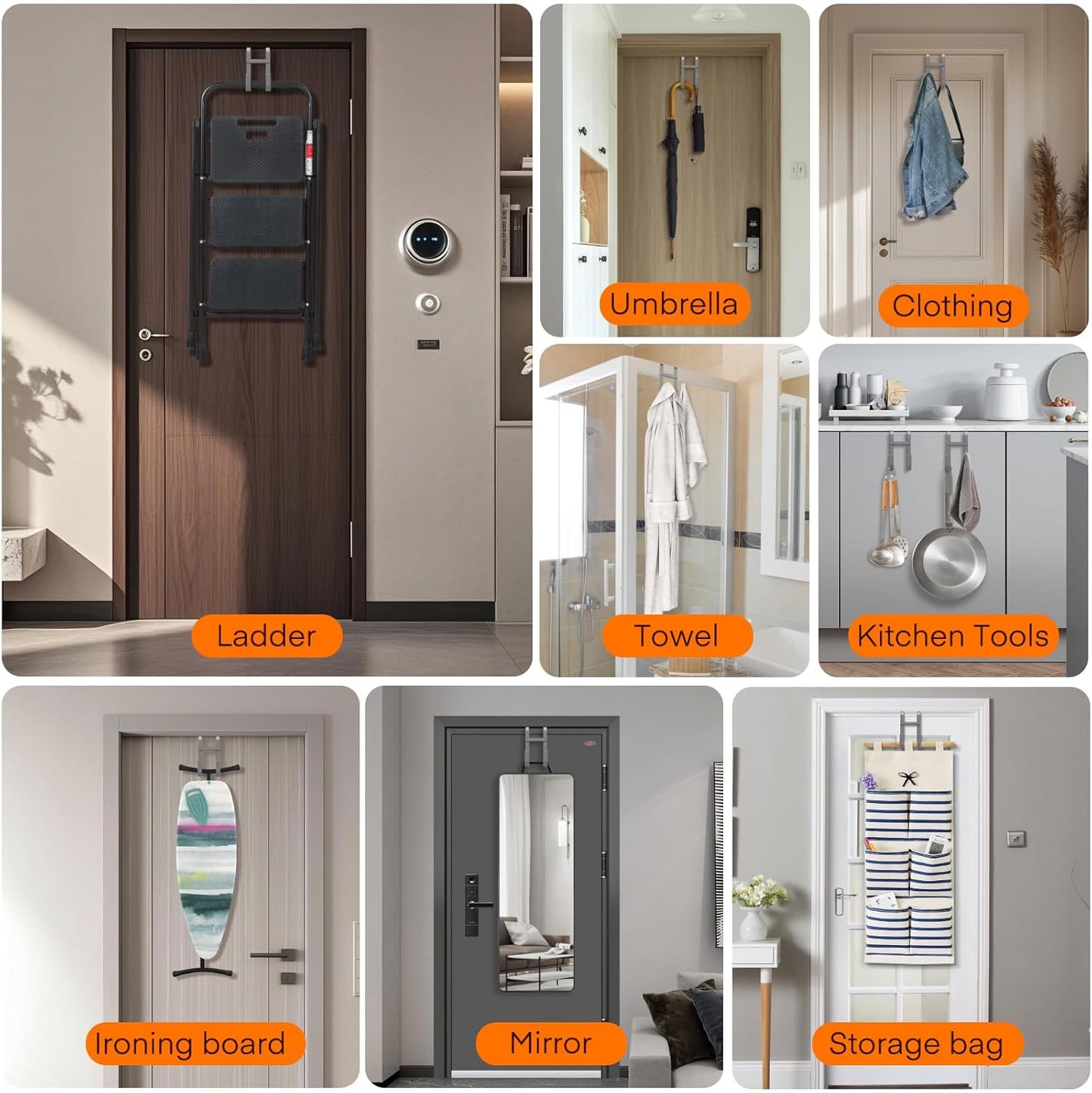 FYY Over The Door Hooks - 2 Pack Heavy Duty Dual-Hook Organizer Hanger with Non-Slip Rubber for Towels, Clothes, Hats & Bags Use in Bathroom, Bedroom, Kitchen - Fits Interior Doors Up to 1 3/8" Grey