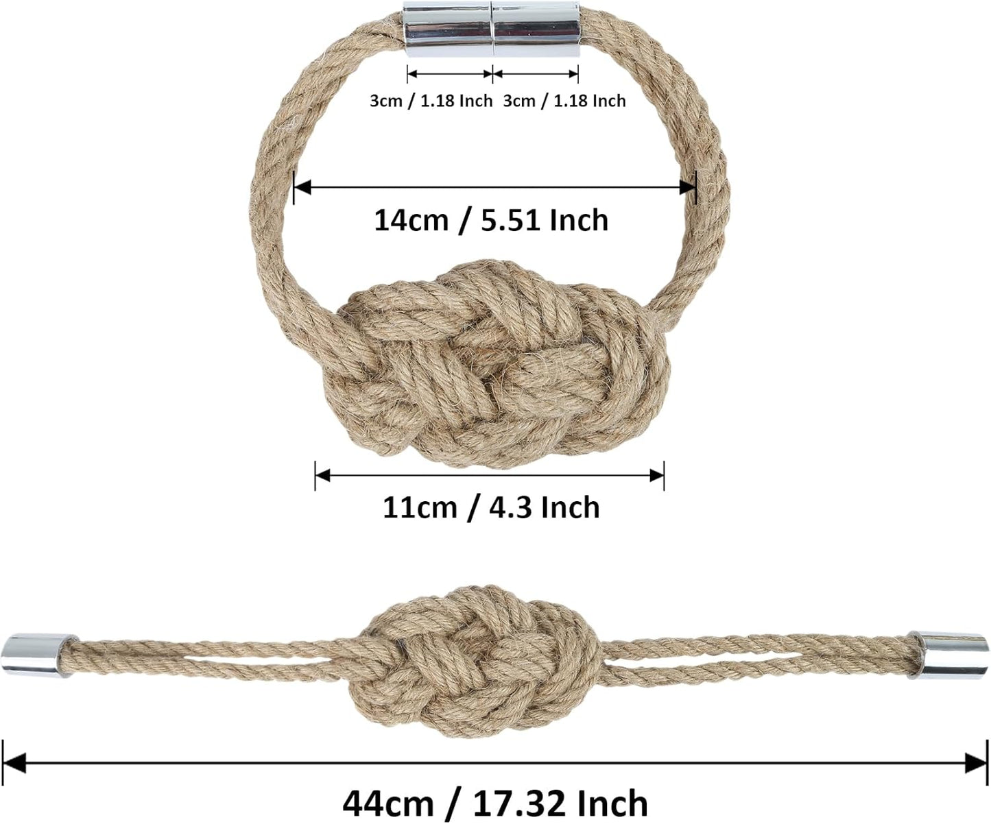 4 Pack Natural Jute Magnetic Curtain Tiebacks, Boho Rustic Style Decorative Curtain Ties Backs for Home & Office Drapery