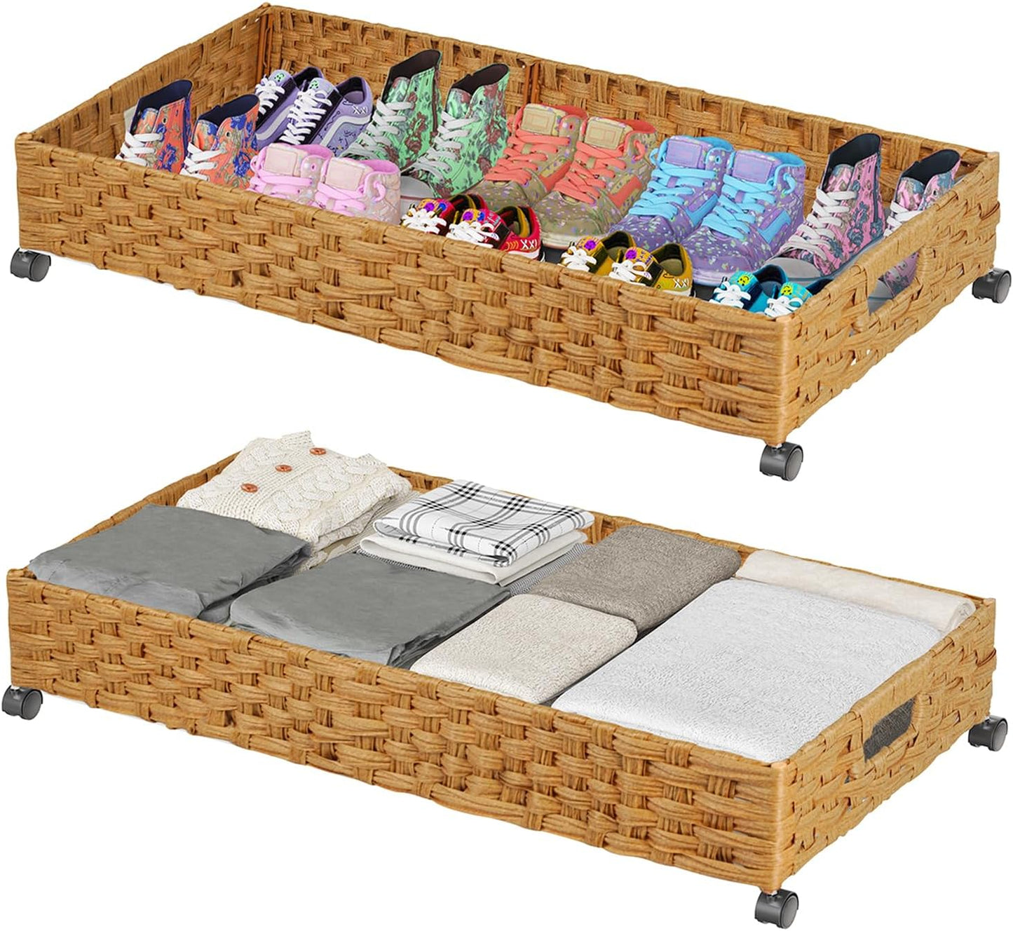 Under Bed Storage Containers with Wheels, 2 Pack 31.5in / 35L Handmade Rattan Underbed Organizer Drawer, Tool-free Assembly Rolling Under Bed Storage Bins for Shoes Clothes Toy Book