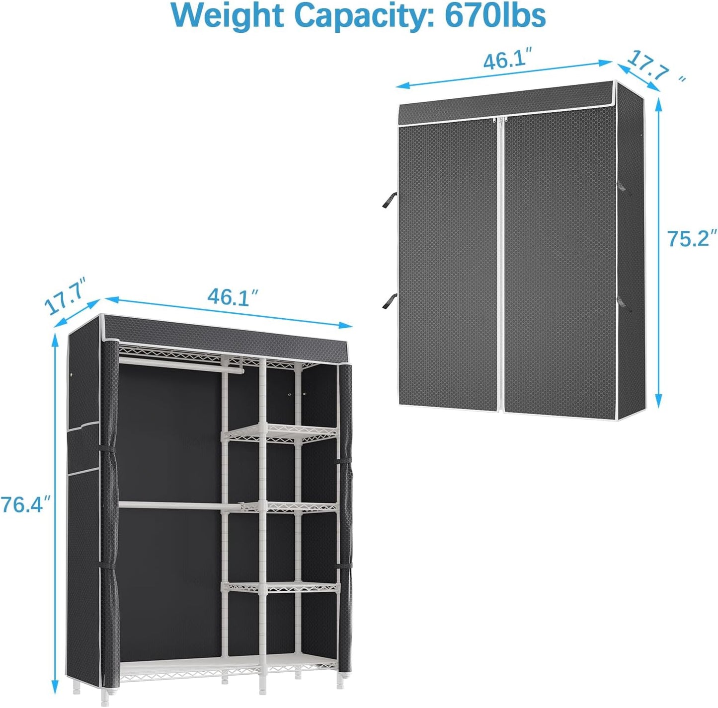 VIPEK V7C Garment Racks with Cover Portable Closets for Hanging Clothes, Heavy Duty Clothes Rack with Shelves Metal Closet Wardrobe, Max 670lbs, White Rack with Black Upgraded Polyester Cover