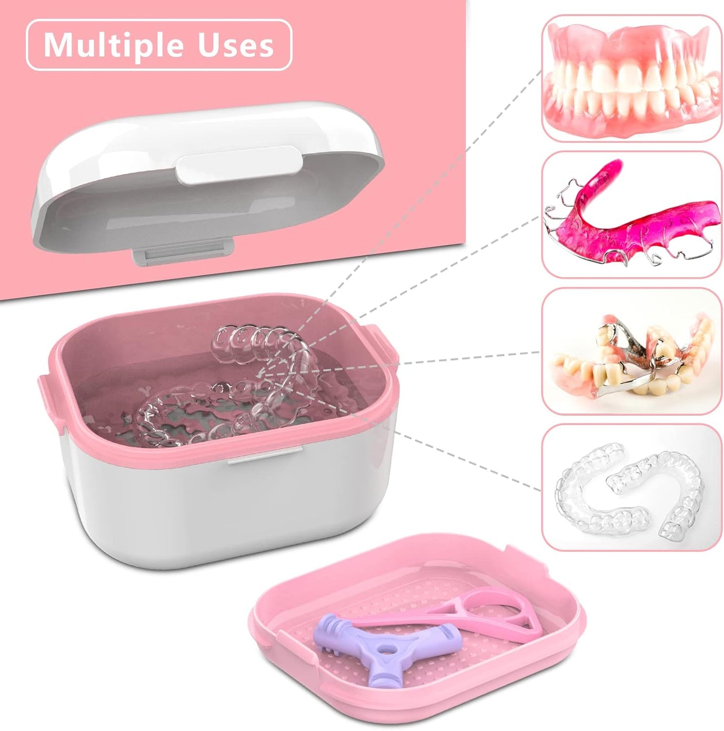 BVN Denture Bath Denture Case: Denture Cup for Soaking Dentures, Retainer Cleaner Case with Mirror, Mouth Guard Case, Aligner Case, Retainer Holder, Night Guard Case, False Teeth Container White