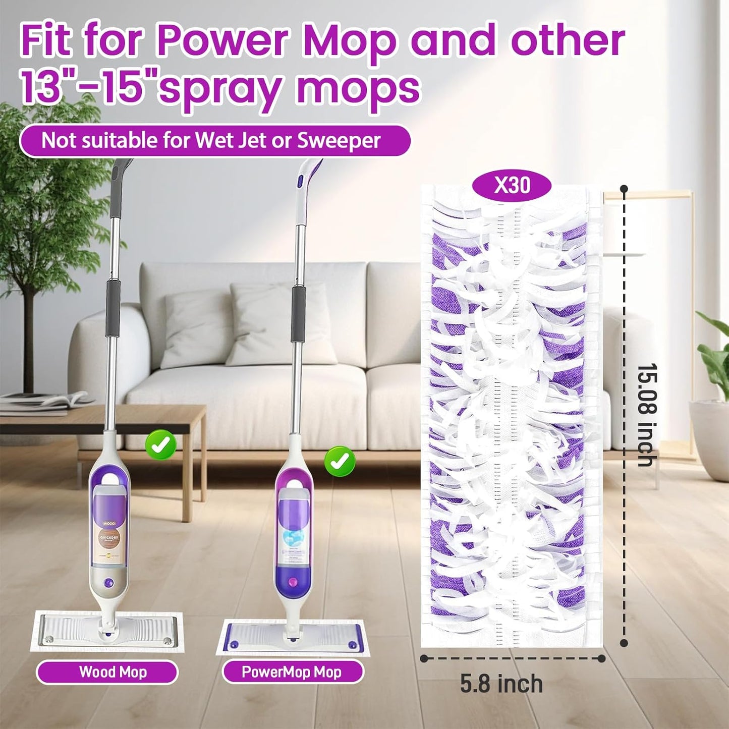 30-Pack Disposable Microfiber Power Mop Pad Refills Compatible with Swiffer Power Mop Refills,Replacement Pads for Swiffer Wet Pads Refill,Non-Washable & Unscented