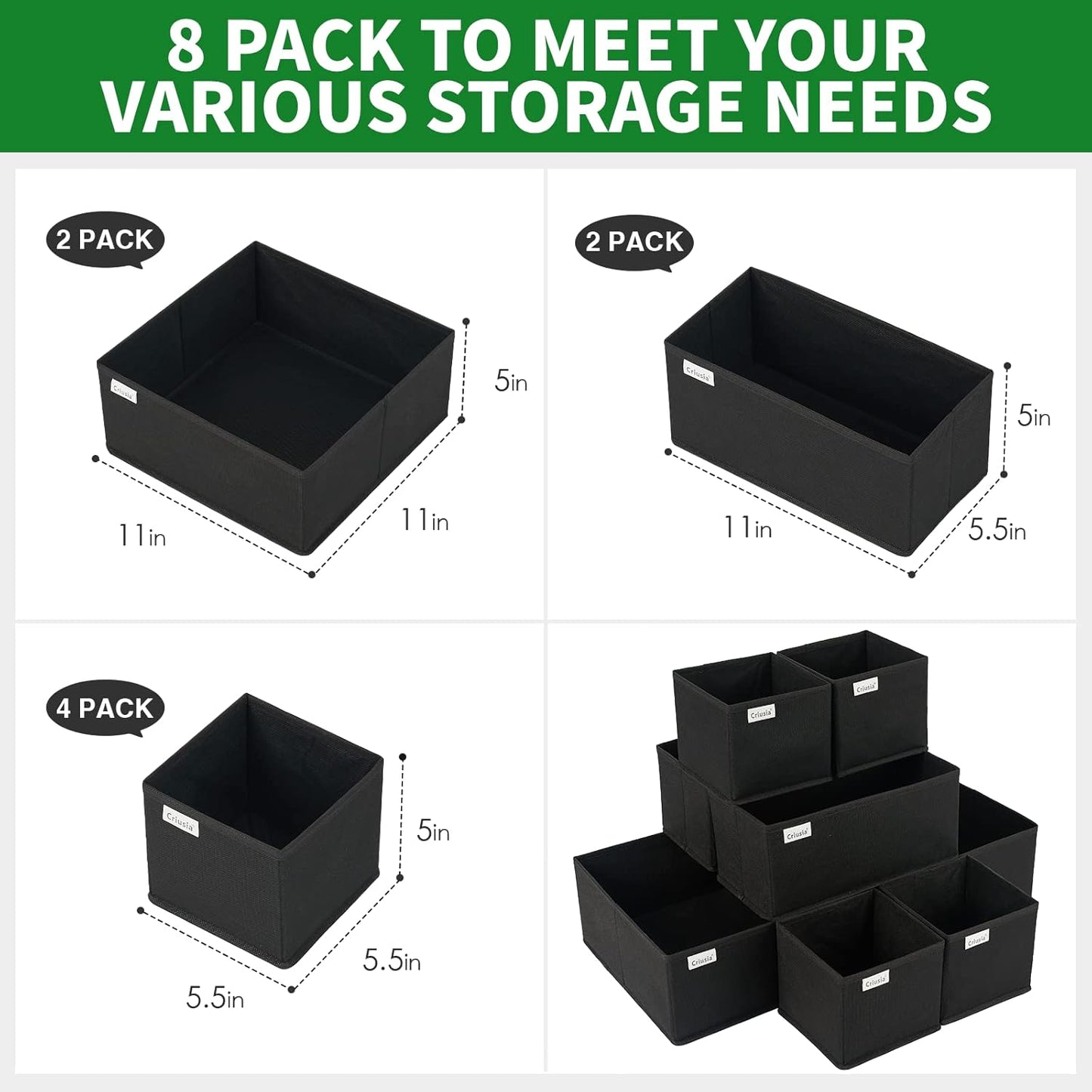 Criusia Drawer Organizer Clothes, 8 Pack Underwear Drawer Organizer, Foldable Cloth Storage Box Closet Organizers and Storage for Clothes, Socks, Scarves, Ties (Black)