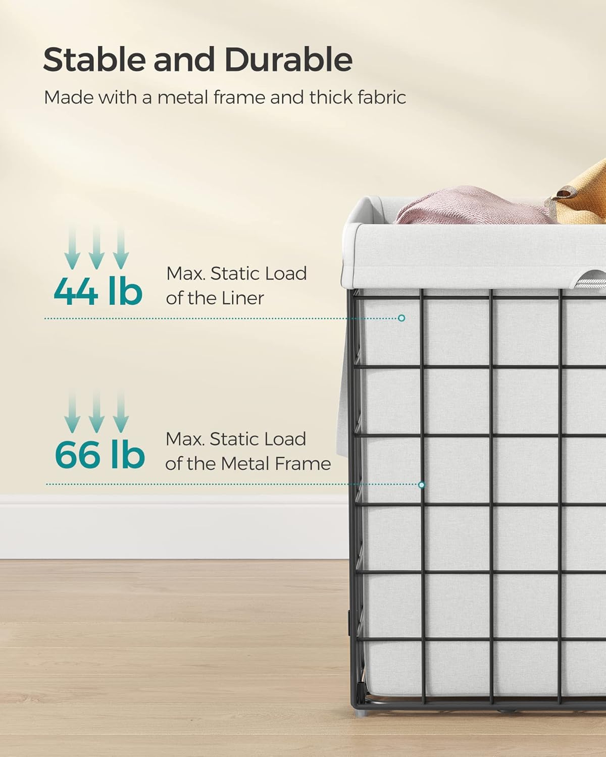 SONGMICS Laundry Hamper, 29 Gal. (110L) Laundry Basket, Collapsible Clothes Hamper, Removable and Washable Liner, Metal Wire Frame, for Bedroom Bathroom, Cream White ULCB111W01