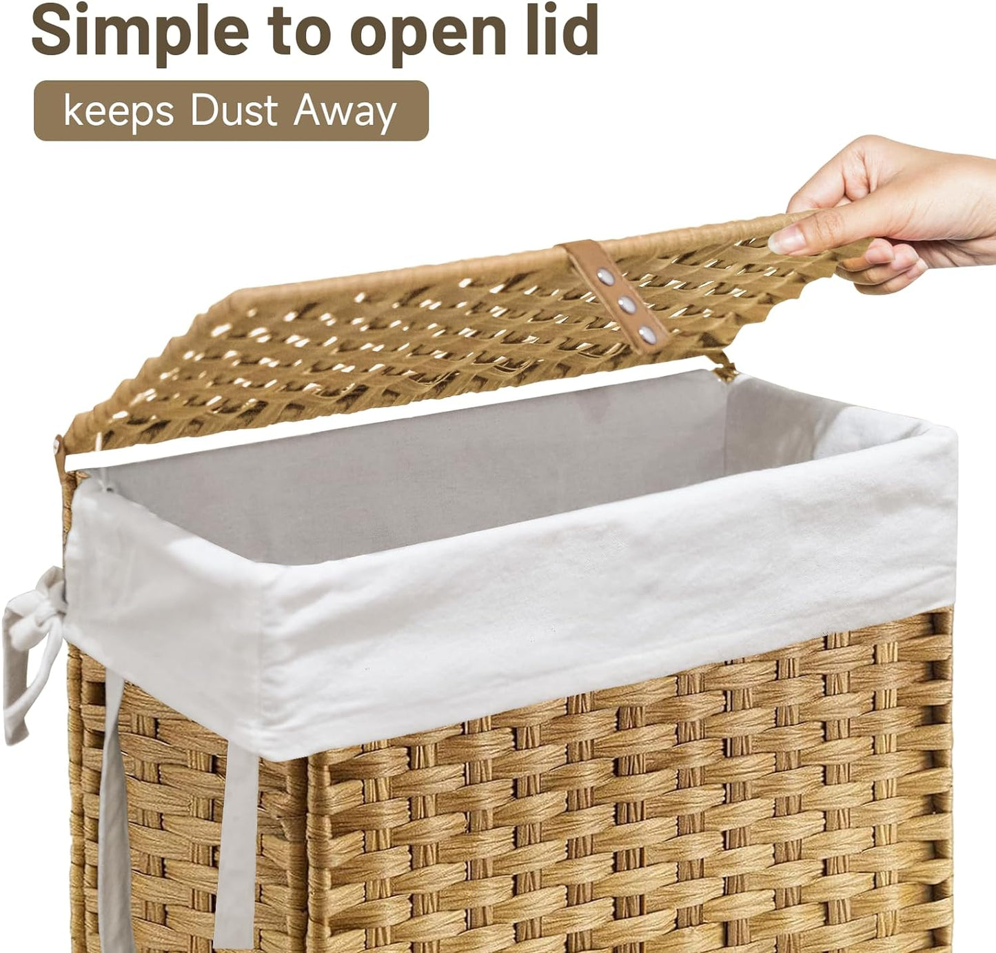 70L Slim Laundry Hamper with Lid & Wheels, Rolling Laundry Basket with 2 Removable Liner Bags & 3 Mesh Bags, Narrow Dirty Clothes Basket, Foldable Handwoven Rattan Laundry Sorter, Natural