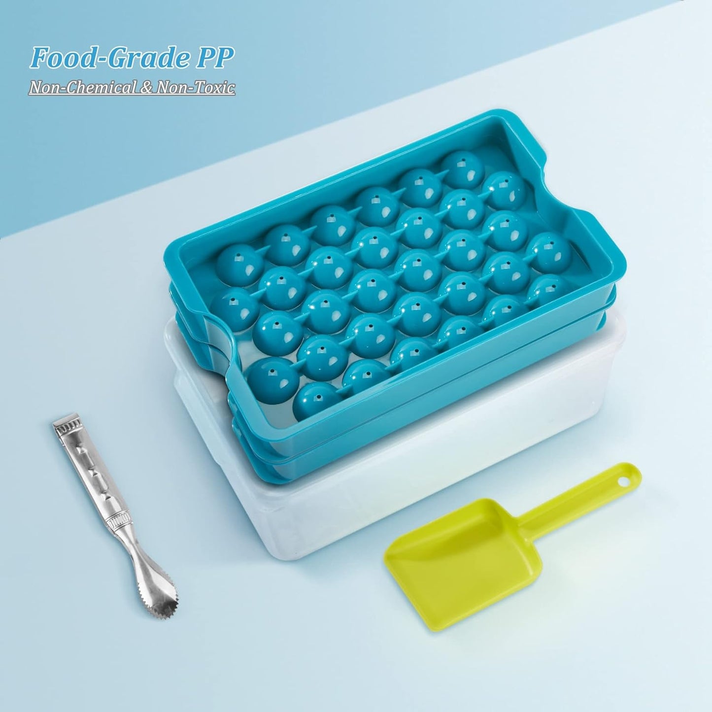 Bangp Upgrade Round Ice Cube Tray with Lid and Bin,2 Pack Ice Cube Tray for Freezer,Circle Ice Mold Making 64 Small Ice Balls, Easy Release Ice Tray with Ice Bucket,Ice Tong and Ice Scoop