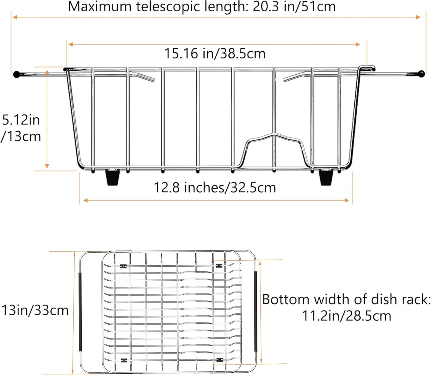 Stainless Steel Dish Drying Rack(15.2"L X 13"W X 5.8"H), Expandable Fruit & Vegetable Drain Rack over Sink, Dish Drainer Rack in Sink, with Stainless Steel Utensil Holder & Silicone Mat(16")