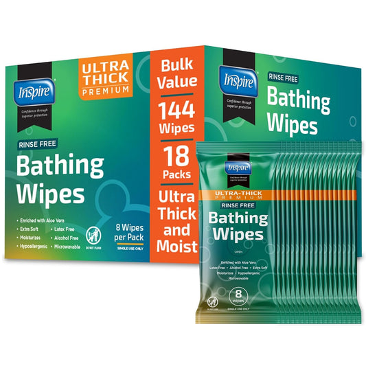 Inspire Ultra Thick Rinse Free Body Wipes, Bathing Wipes, Rinse Free Wet Wipes, Thick Strong Extra Large With Aloe Vera Enriched