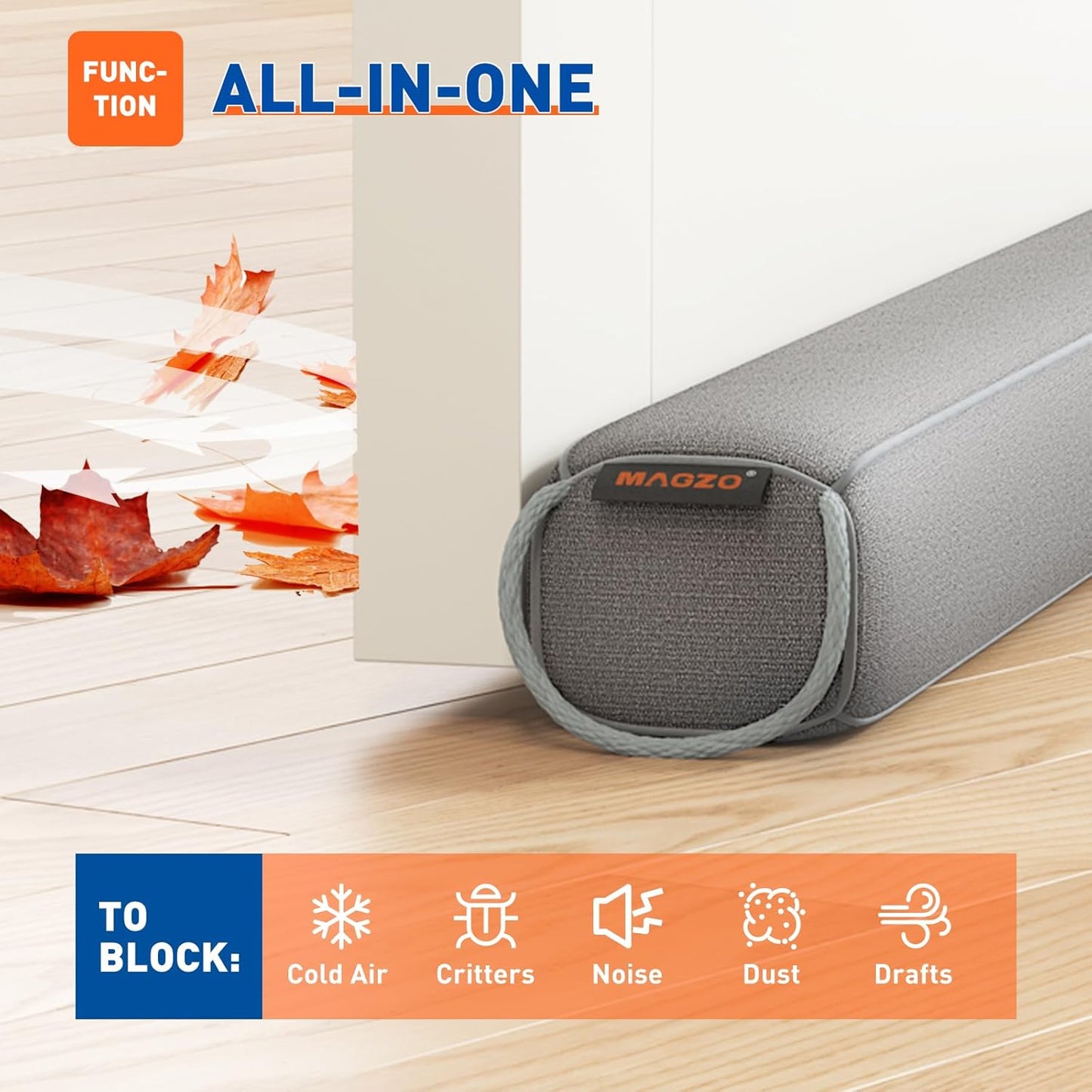 MAGZO Door Draft Stopper 36 Inches, Weighted Rectangle Door Snake for Winter Noise Blocker with Hook Loops,Gray