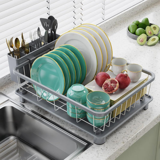 Dish Drying Rack - Space-Saving Dish Rack,Dish Racks for Kitchen Counter with Drainboard, Rustproof Dish Drainer with a Removable 4-Compartment Utensil Holder,Gray
