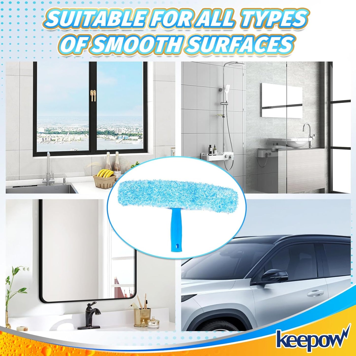 KEEPOW 14" Microfiber Window Scrubber Refill Replacement Compatible with MR.SIGA, Compatible with Ettore Professional Window Cleaning, Reusable & Washable Window Squeegee for Home (4 Pack)