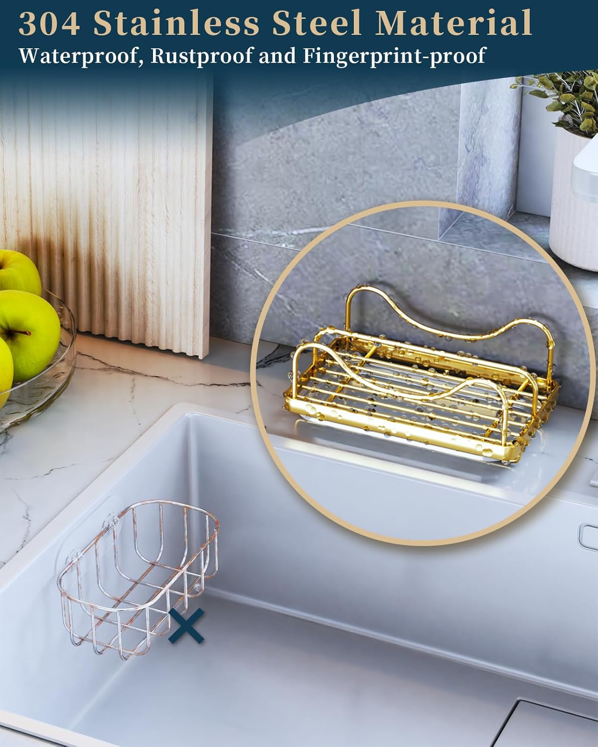 Consumest Sponge Holder for Kitchen Sink - Movable Sink Caddy for Countertop Organizer, 304 Stainless Steel Sponge Holder with Detachable Drip Tray for Kitchen Accessories, Gold