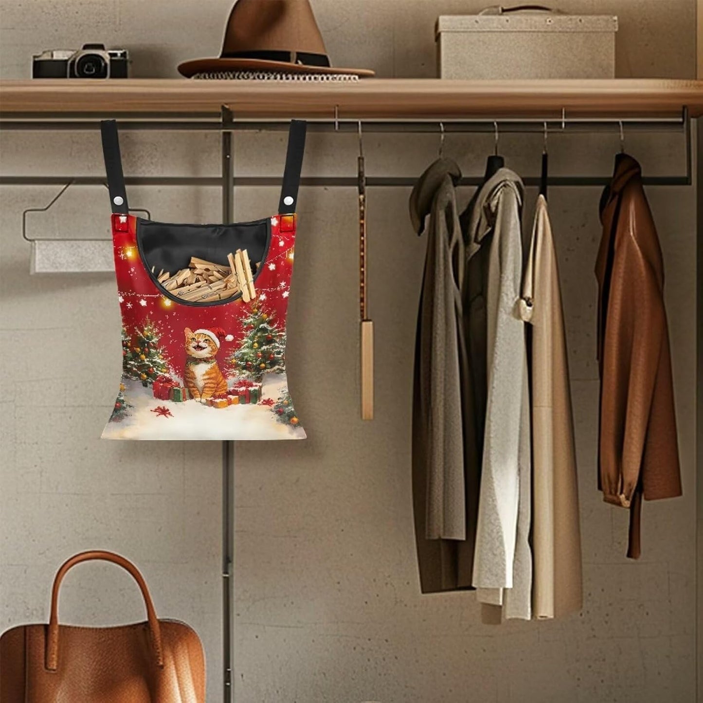 2025 Christmas Cat Waterproof Clothespin Bag with Hanging Rope - 14.5x12 Inch Storage Organizer for Home, Backyard & Camping