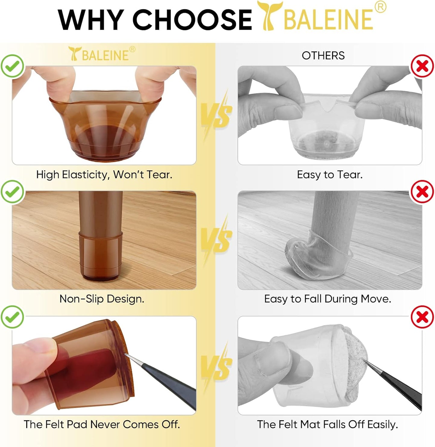 BALEINE 32 Pack Silicone Chair Leg Floor Protectors, Stool Leg Protectors Cap, Non-Slip Chair Leg Caps for Hardwood Floors (Brown, X-Large, 32 Pack)