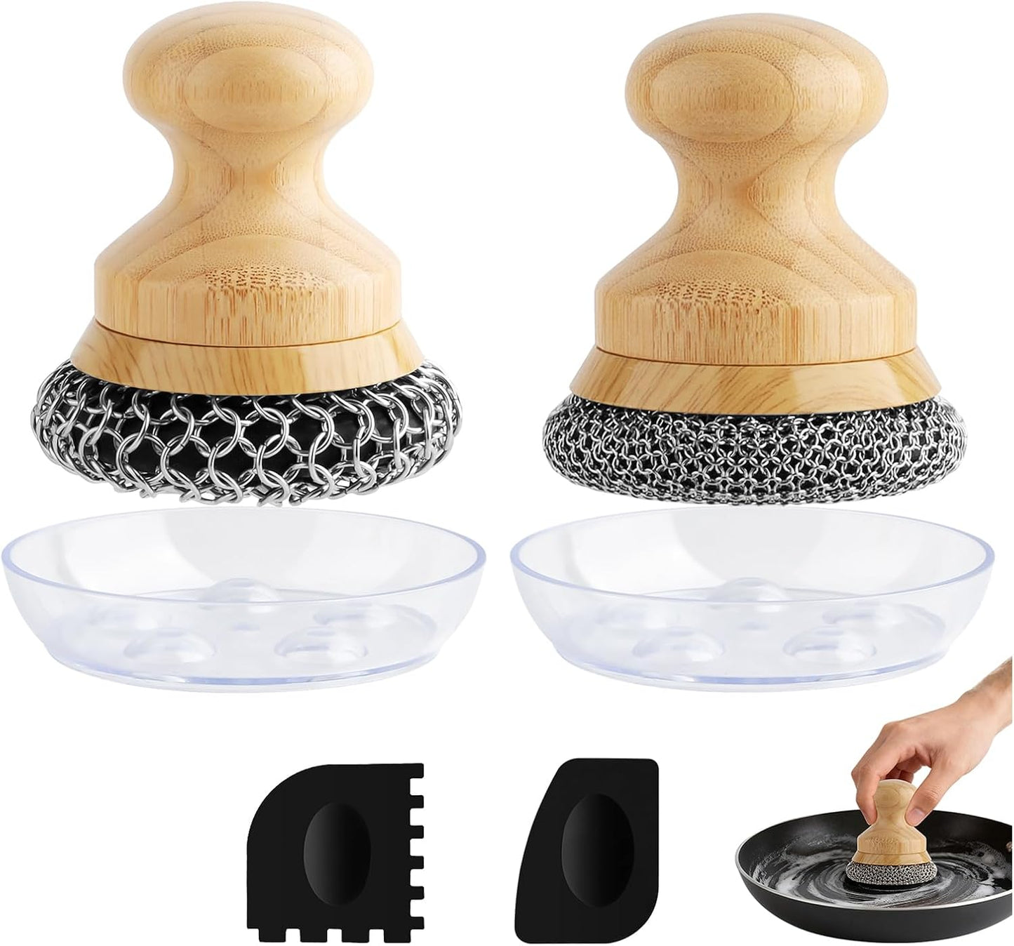Cast Iron Scrubber and Scraper,Chain Mail Cleaner with Bamboo Handle & Draining Tray,316 Stainless Steel Brush for Cleaning Pots,Pans,Wok,Bakeware,Griddles, Grills(Small&Large ChainMail,2pcs)