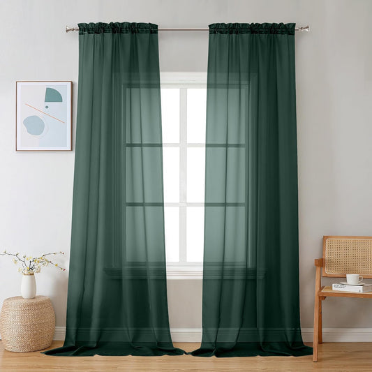 Chyhomenyc Hunter Green Sheer Curtains 96 inches Long 2 Panels, Light Filtering Soft Airy Solid Elegant Voile Window Treatment Drapes for Bedroom Living Room Wedding Party Decor, 42 Wx96 L, 8FT L