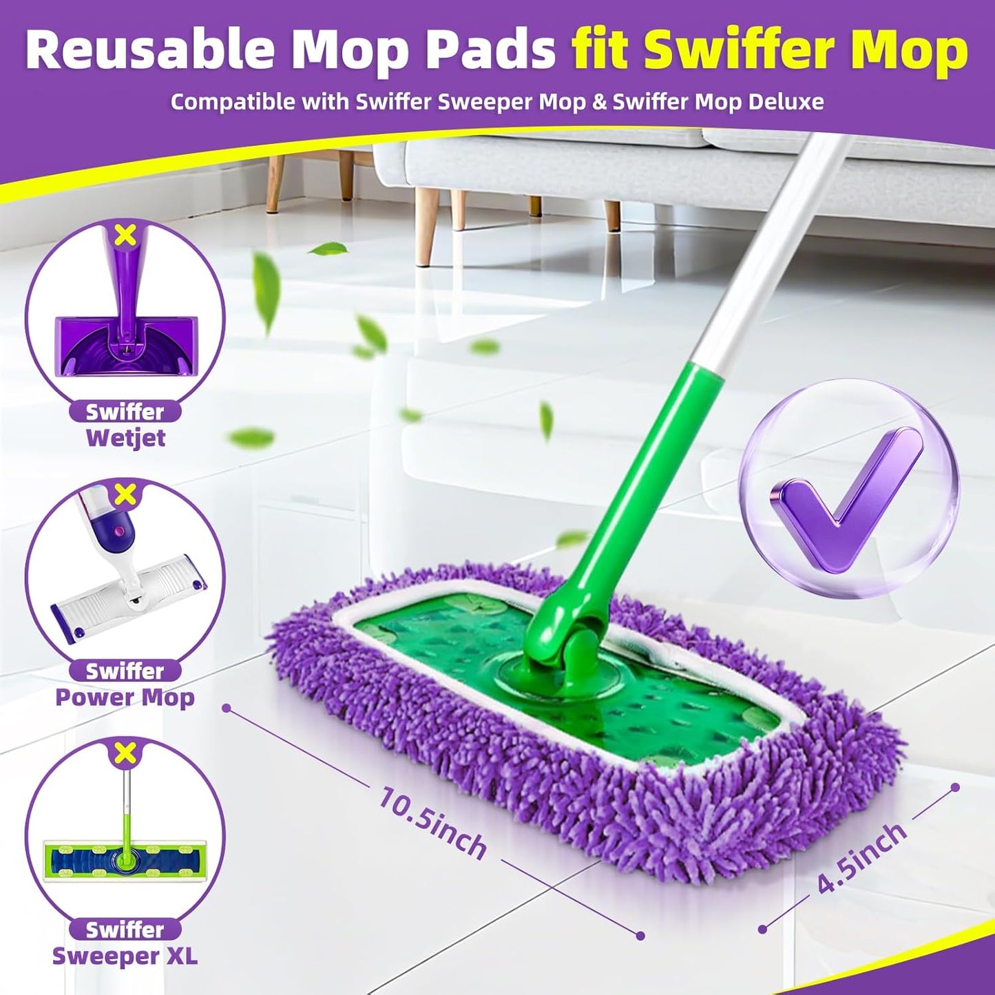 Reusable Mop Pads Compatible with Swiffer Sweeper Mop - Microfiber Dry Sweeping Cloths & Washable Wet Pads Refill Chenille Wet Mopping Cloths for Use on All Sealed Floors Cleaning(Mop is not Included)