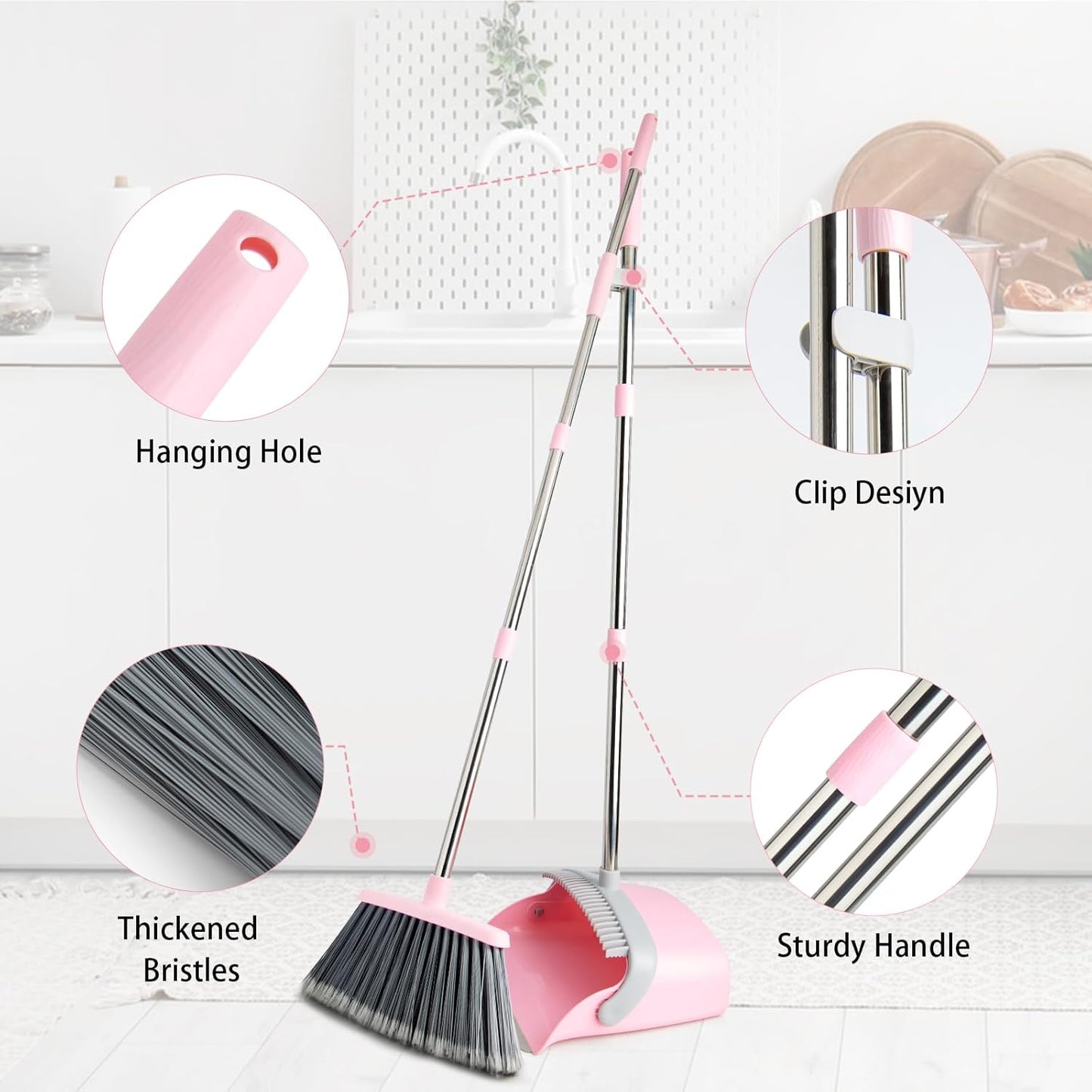 Broom and Dustpan Combo Set, Long Handle and Standing Dust Pan with Comb Teeth, Efficient Floor Cleaning for Kitchen, Outdoor, Dorm, Apartment, Office Lobby (Pink Gray)