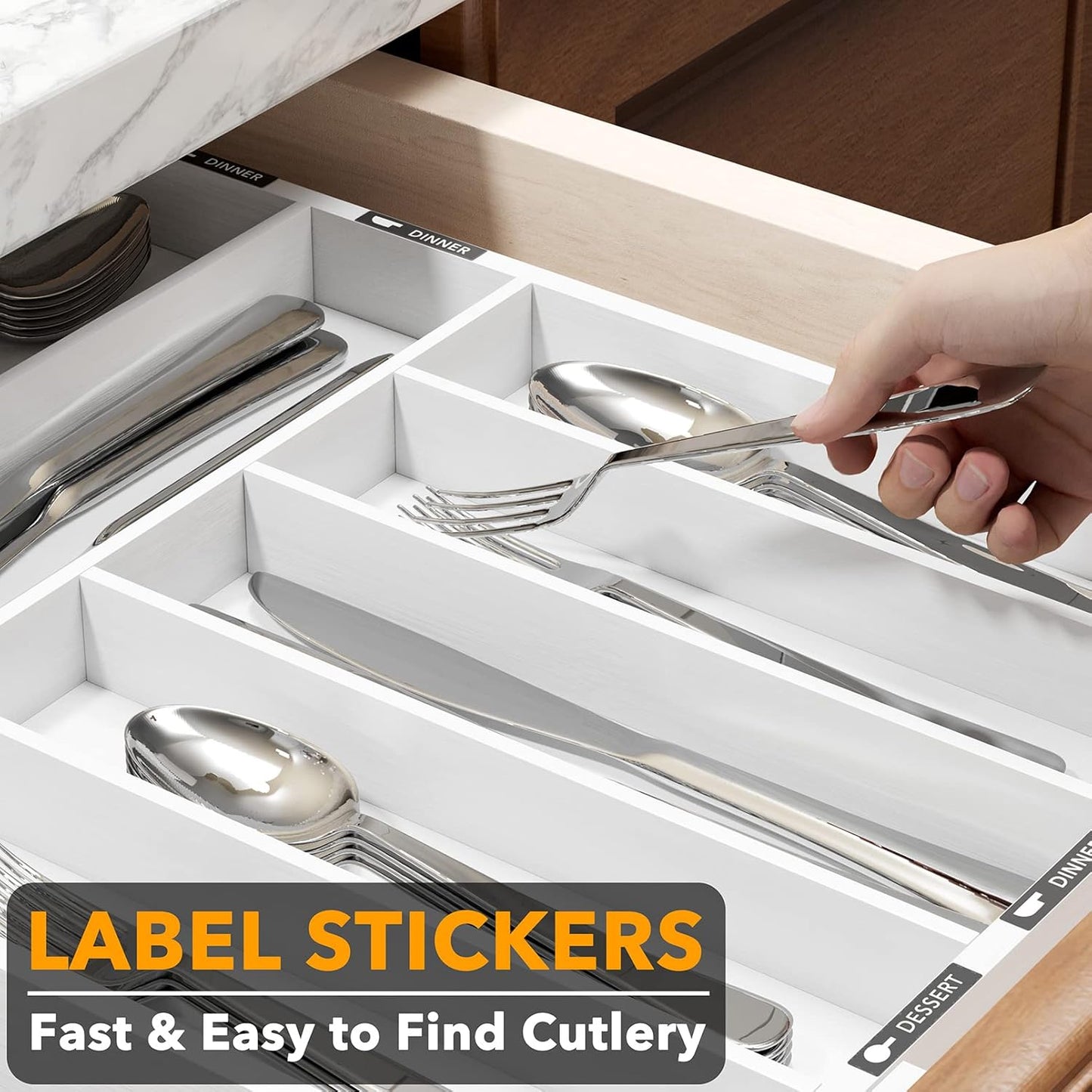 SpaceAid Bamboo Silverware Drawer Organizer with Labels, Kitchen Utensil Expandable Tray Holder Organizer for Flatware, Cutlery, Spoon and Knives Drawer Storage Organization (White, 10 Slots)