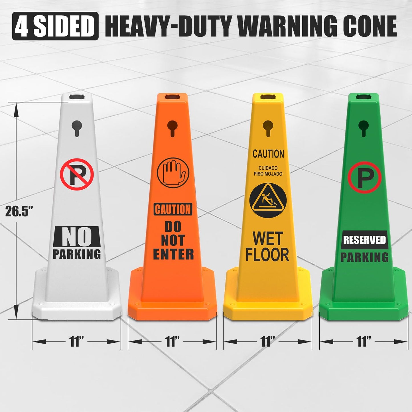 Plastic Traffic Cones, 4-Sided Message Cones, Road Safety Parking Cones, Standing Traffic Warning Signs for Cleaning Area, Garage, No Entry (8, Reserved Parking, Large)