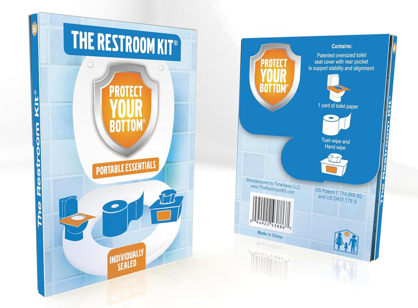 The Restroom Kit Great for travel (12-Pack) Portable Disposable Oversized Toilet Seat Cover, 3ft 3Ply Toilet Paper, Hand & Flushable Tush Wipe.