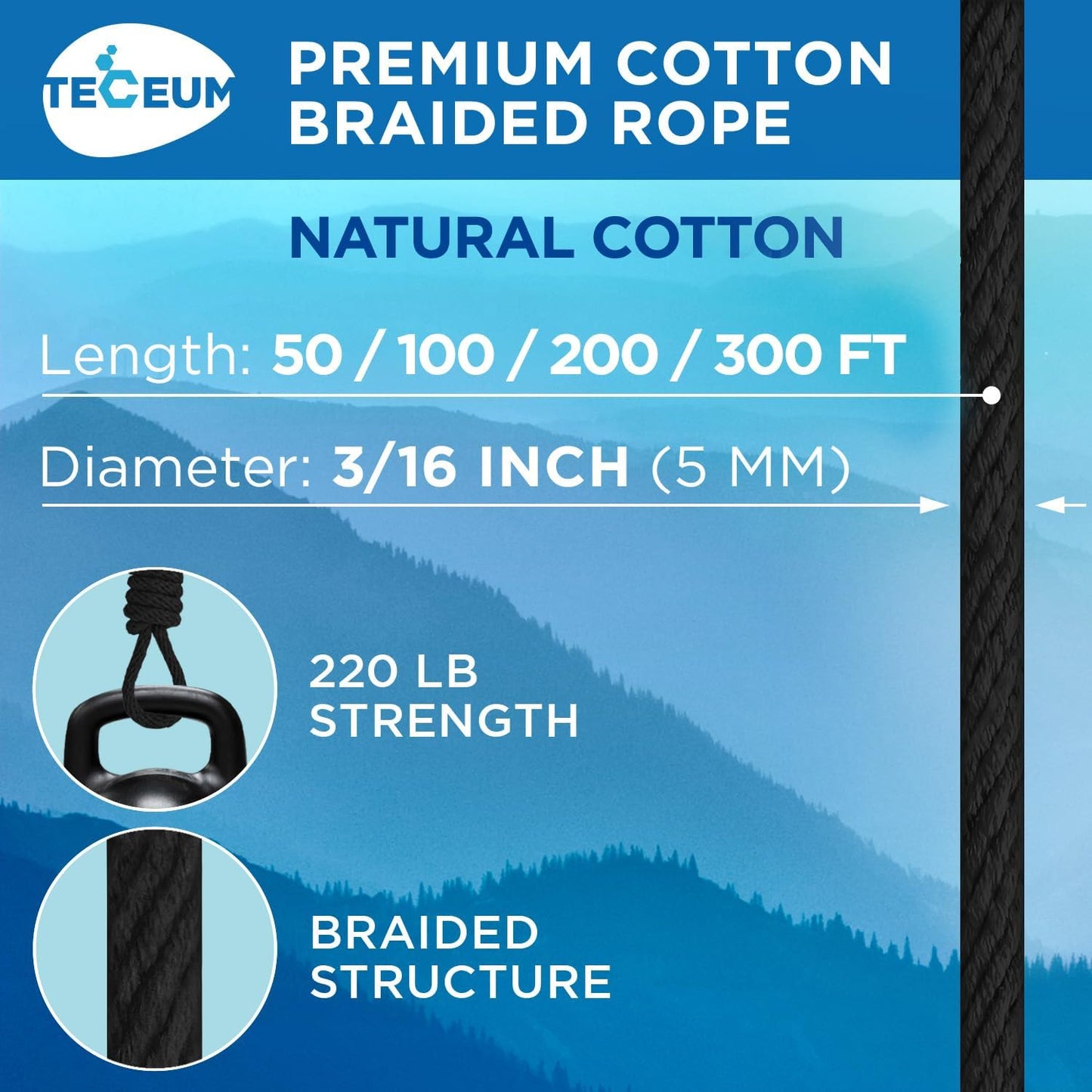 TECEUM Cotton Rope 3/16” (5 mm) – 200 FT – Strong All-Purpose Braided Rope – Natural Cotton – for Crafting, Сamping, Clothes Line, DIY, Indoor & Outdoor Use – Black