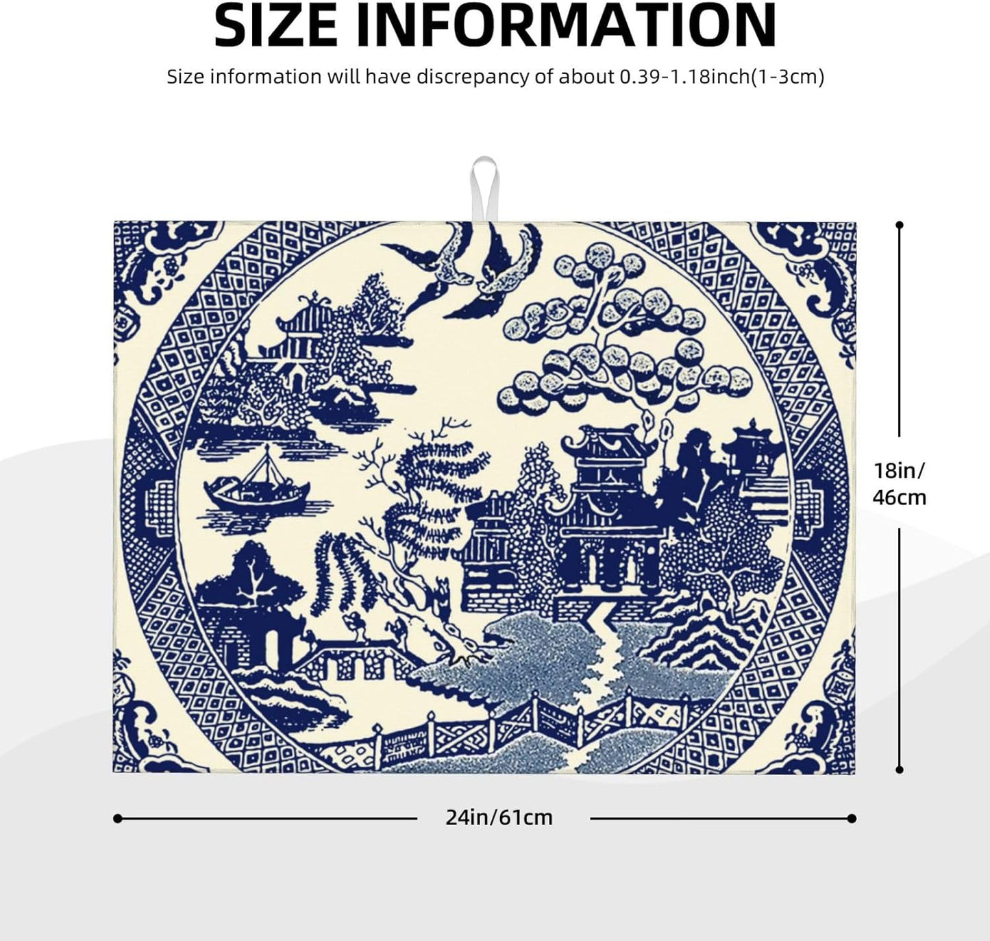 Dish Drying Mat For Kitchen Counter Absorbent Dish Mat Reversible Drainer Drying Kitchen Mat (Oriental Style Chinese Blue Willow, 24X18)