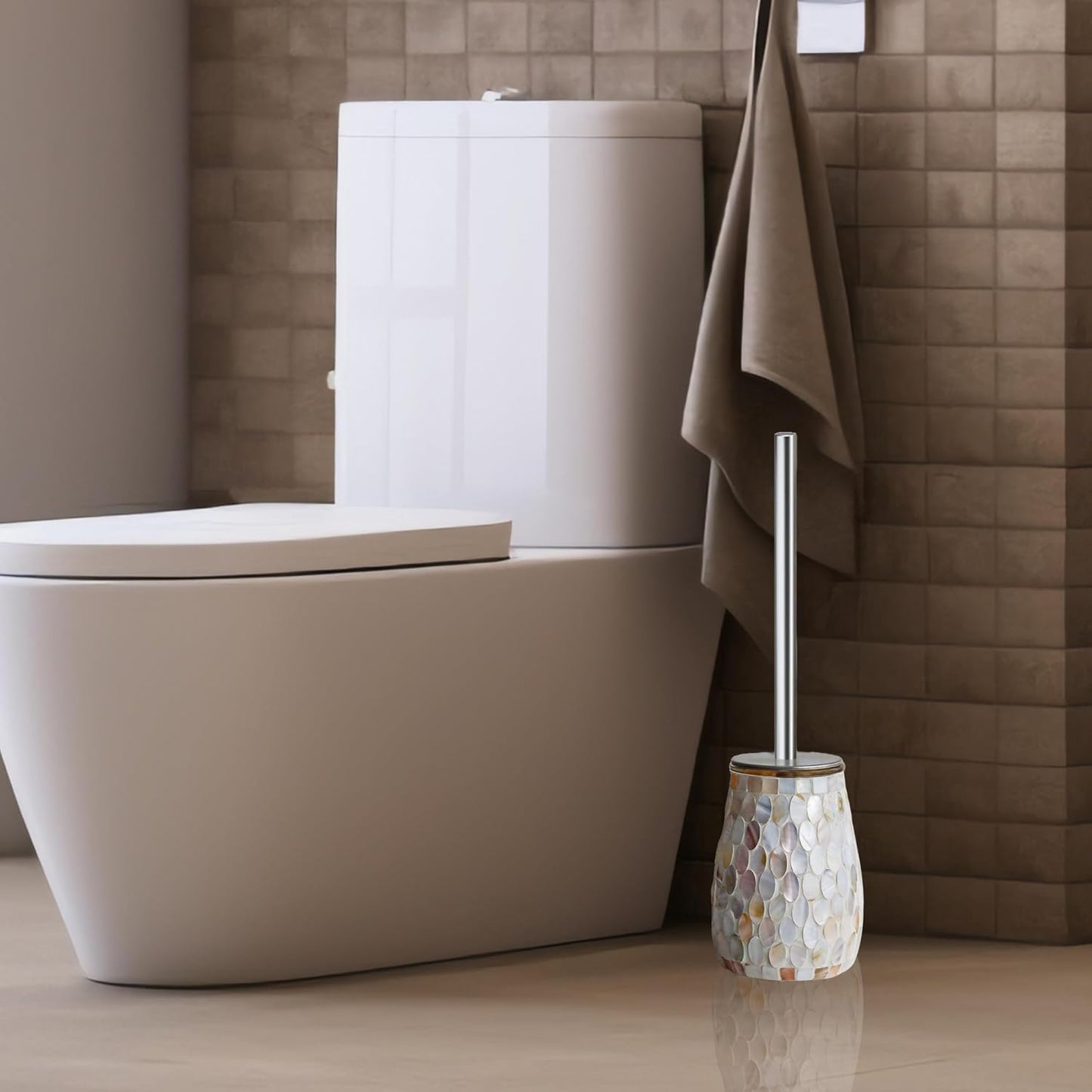 Escenzy Modern Toilet Brush and Holder Set | Natural Shell Mosaic Glass | Non-Rustic Stainless Steel | Practical & Decorative Toilet Bowl Brush and Holder | Luxury Bathroom Accessories