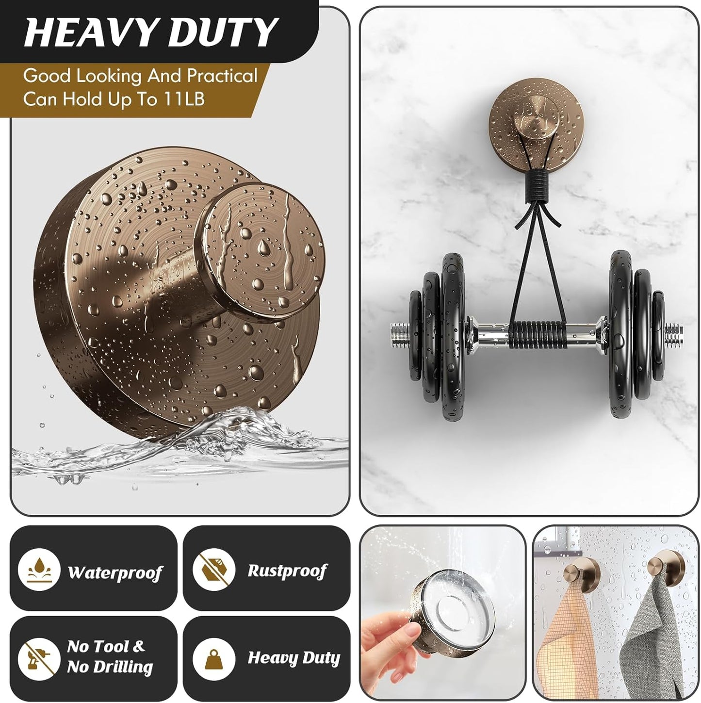 Suction Cup Hooks for Shower,4Pcs Shower Towel Suction Hooks,No Drill Towel Hooks for Bathroom Wall,Kitchen,Glass,Mirror,Tile to Hang Towels,Robes,Loofah-Champagne Bronze