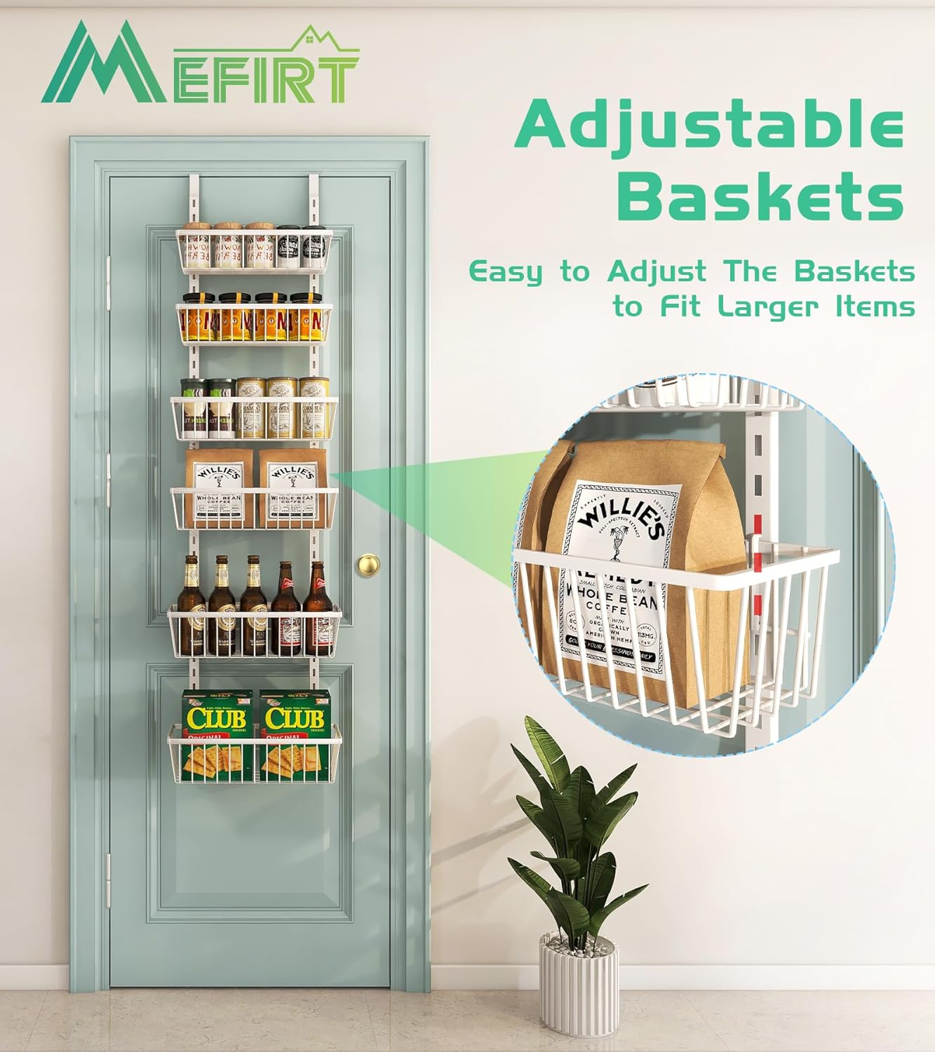 12 Inch Wide Narrow Over The Door Pantry Organizer, Pantry Organization and Storage, 6-Tier Metal Hanging Deep Basket Wall Spice Rack Seasoning Shelves, Home & Kitchen Essentials, White