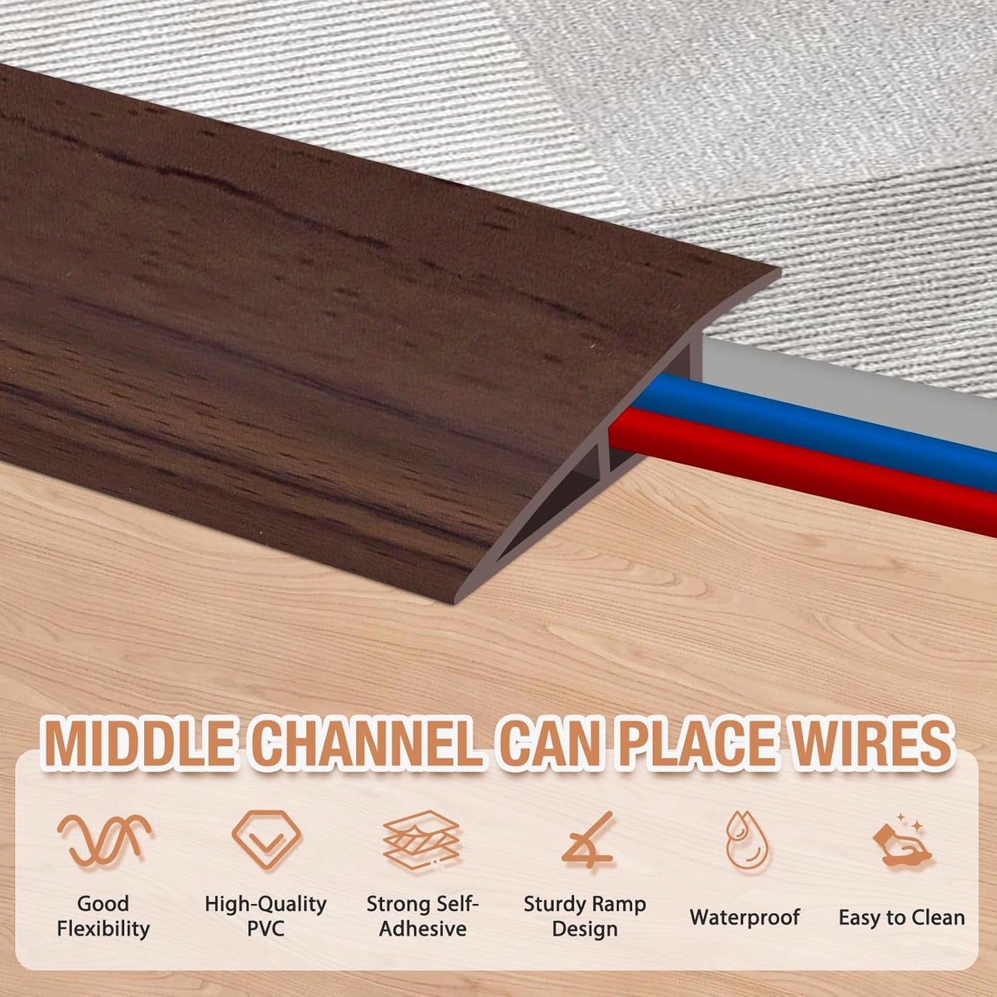Floor Transition Strip Self Adhesive Vinyl Door Threshold for Doorways Carpet Edging Trim Overlap Edge Reducer for Laminate Floor, Carpet, Tile (Deep Brown Wood Grain, 1/5" to 2/5", 10Ft)