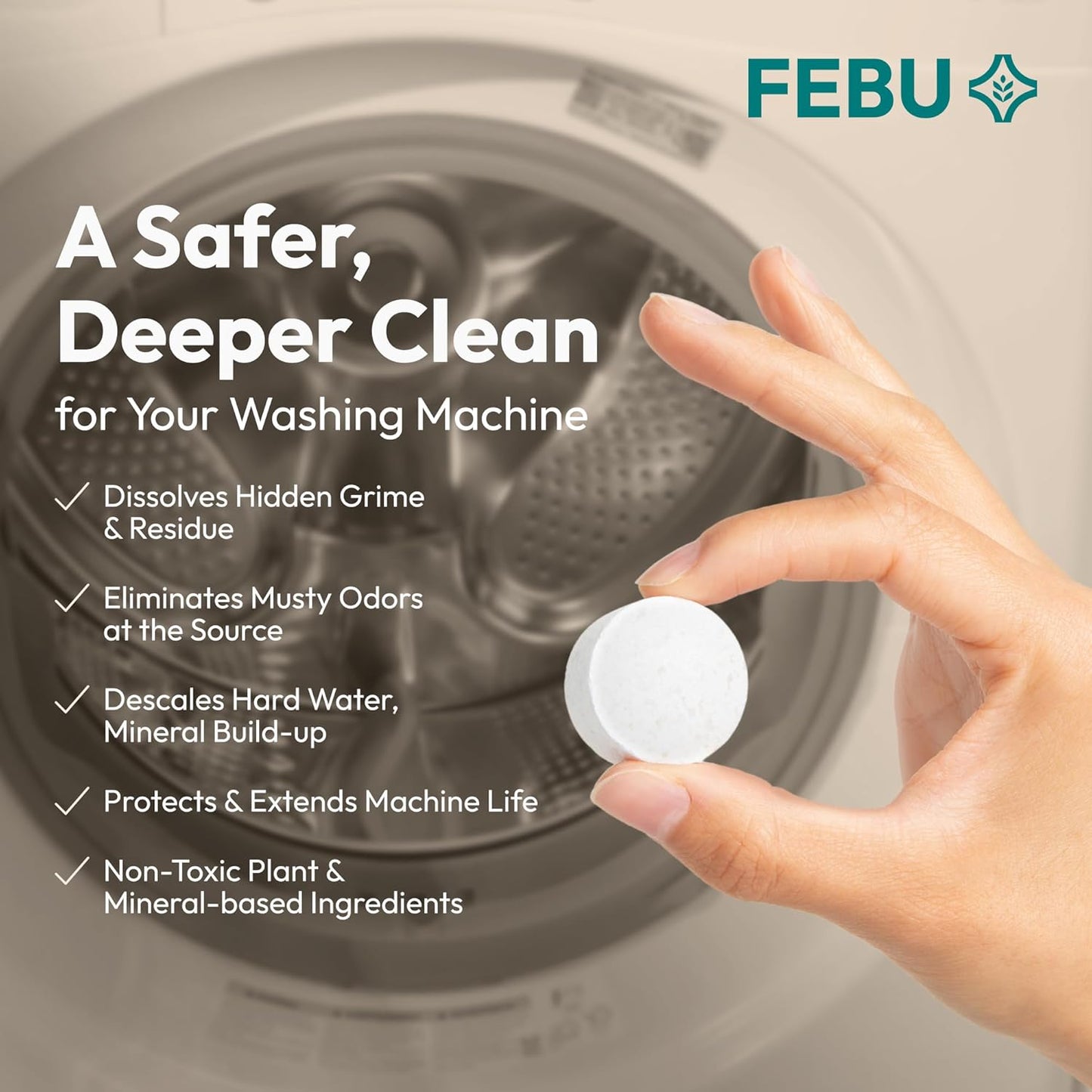 FEBU Washing Machine Cleaner Tablets Made in USA | Washer Machine Cleaner Tablets & Deodorizer | Removes Gunk & Grime | 7 Natural, Biodegradable, Plant-Based Ingredients | 24 Tablets - 12 Month Supply