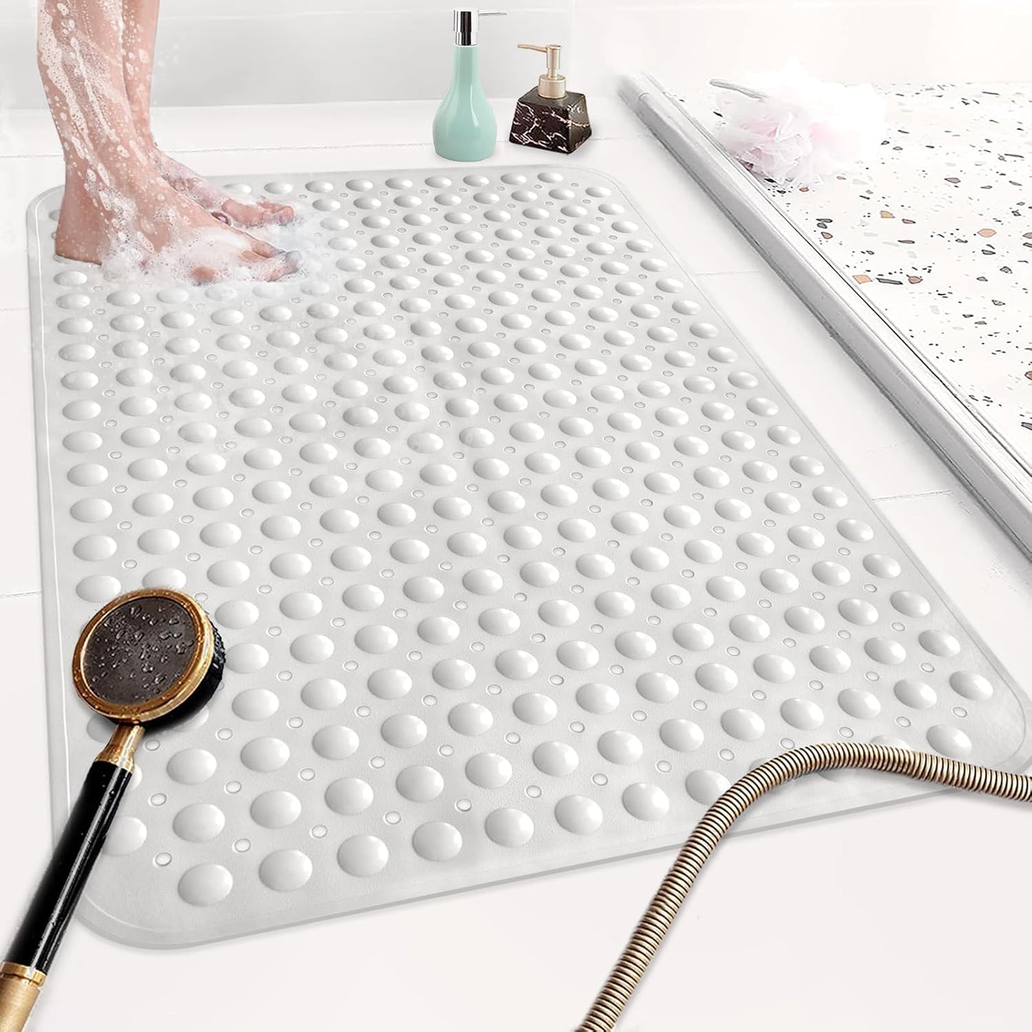 Shower Mat Non Slip: 35.4 x 23.6 Inch Extra Large TPE Shower Mats for Inside Shower - Anti Slip Shower Stall Matt with Drain Hole and Suction Cups for Elderly