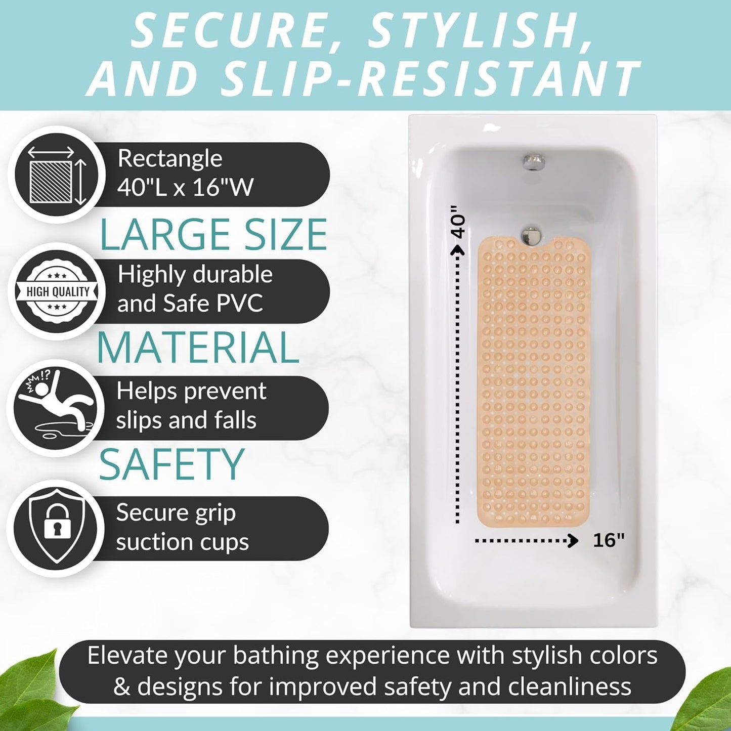 ENKOSI Bath Mat - Large Non Slip Bathtub & Shower Mat - Extra Long. 40 x 16 Inch Bathroom Mats for Tub Nonslip Anti Slip Bathmats (40x16 Beige 1-Pack)