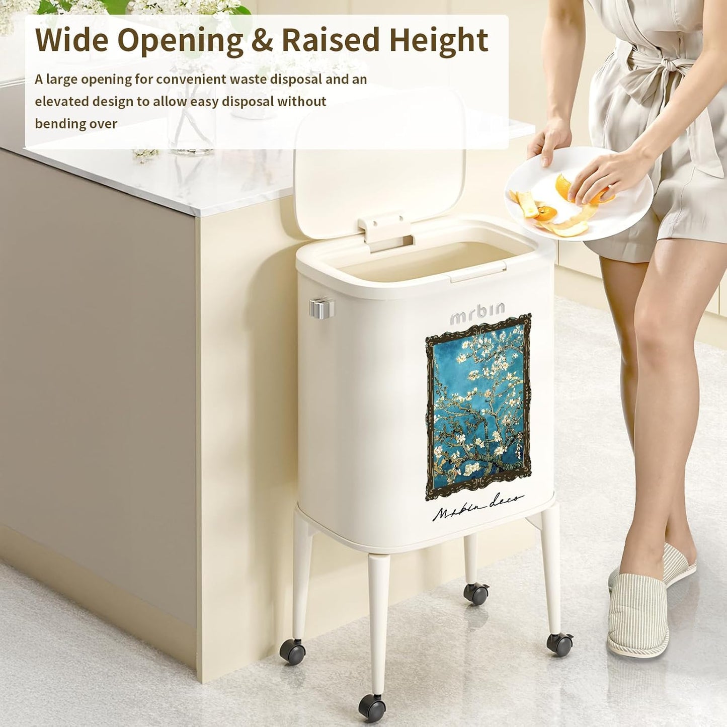 MRBIN Metal Kitchen Trash Can with Wheel Legs, 36L / 9.5gal Medium Press Lid Slim Removable Waste Basket, Pet Proof Tall Narrow Garbage Pail for Vanity, Bedroom, Bathroom, Living Room, Almond Blossom