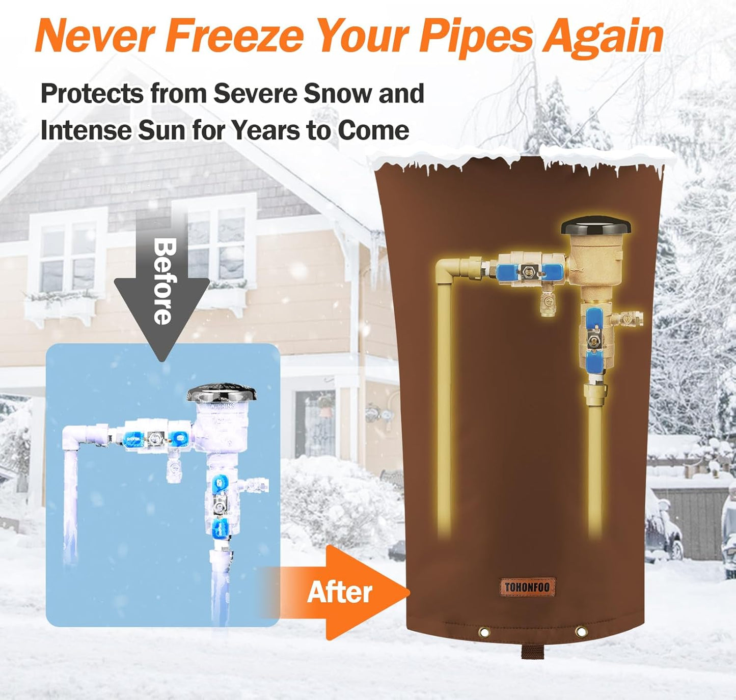 TOHONFOO Backflow Preventer Pipe Insulation Cover (5°F) - Irrigation Sprinkler Valve Insulated Pouch - Water Well Pump Cover - Sturdy 5 Layers for Winter Freeze Protection, 14" W x 26" H, Brown