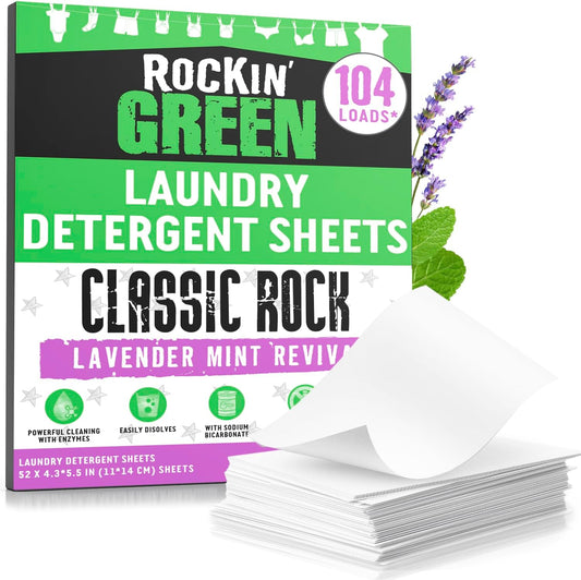 Rockin' Green Travel Laundry Detergent Sheets - Mess-Free Laundry Sheets Detergent Powerful Cleaning with Sodium Bicarbonate - Easily Dissolvable Laundry Soap Sheet (104 Loads, Lavender Mint Revival)