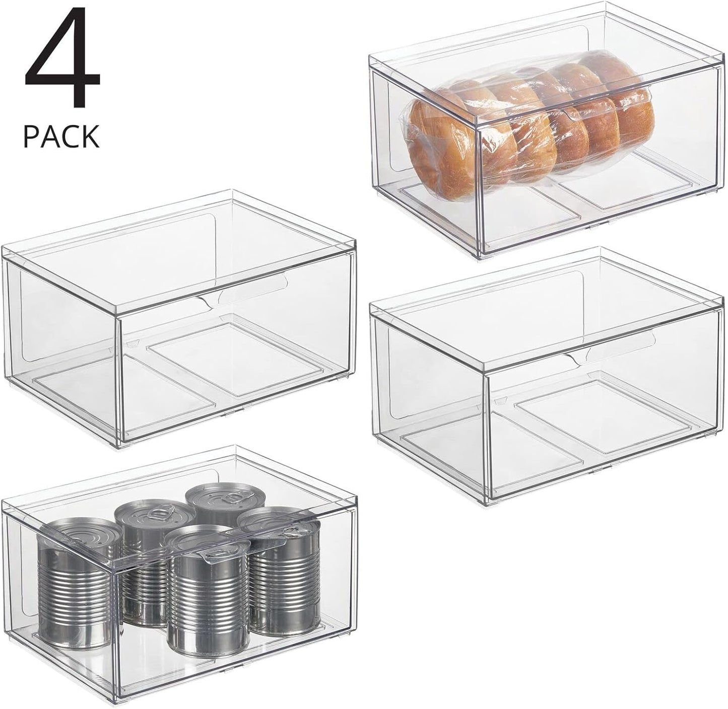 mDesign Plastic Wide Stackable Kitchen Storage Organizer Bin Containers with Front Pull Drawer for Cabinet, Pantry, Fridge, Freezer, Shelf, Refrigerator Organization, Lumiere Collection, 4 Pack, Clear