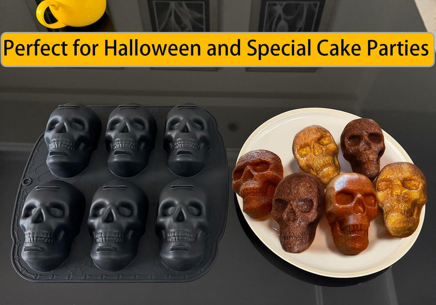 JETKONG 6 Cavity Skull Cake Pan and Silicone Skull Cakelet Mold