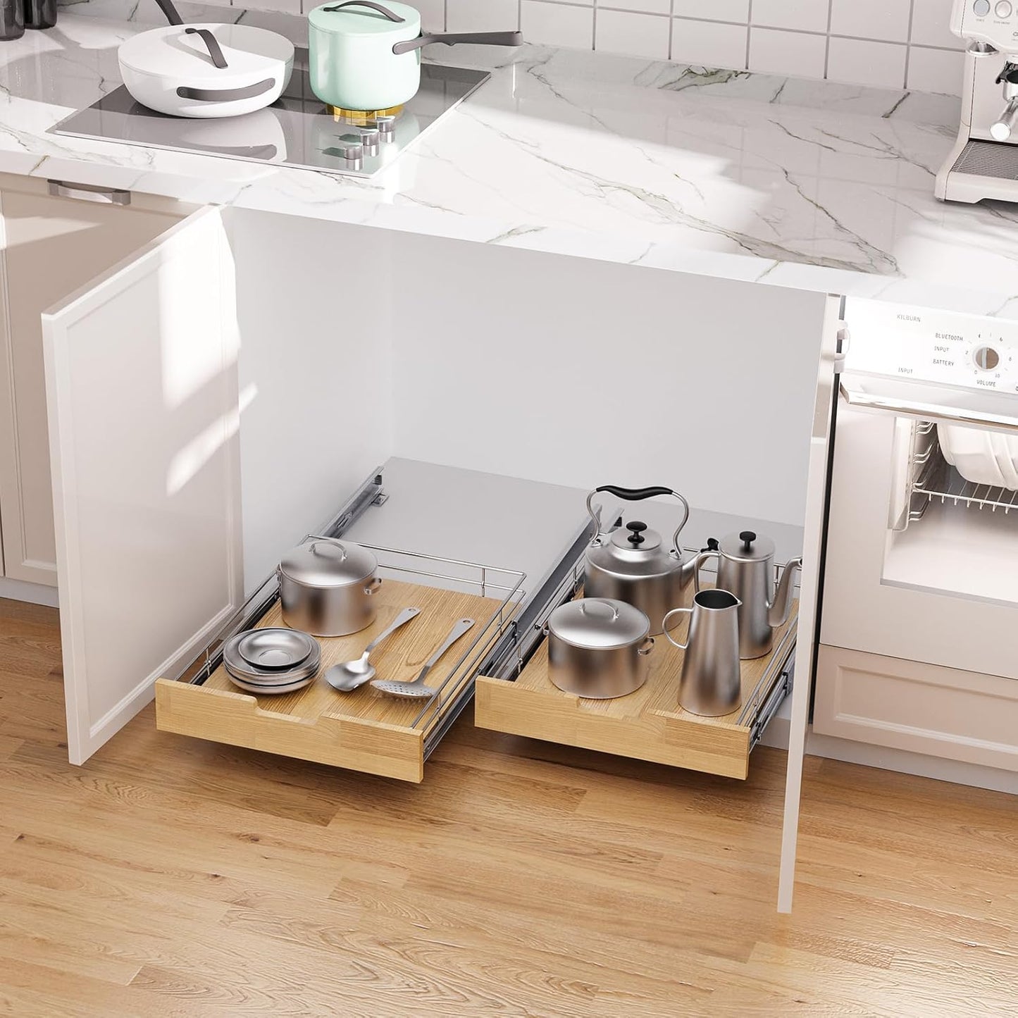 Pull Out Cabinet Organizer,Heavy-Duty Slide Out Shelf, Wood And Wire Basket, Pull Out Drawer for for Kitchen Under Sink Space, Pantry, Bathroom (14 * 21 WM)