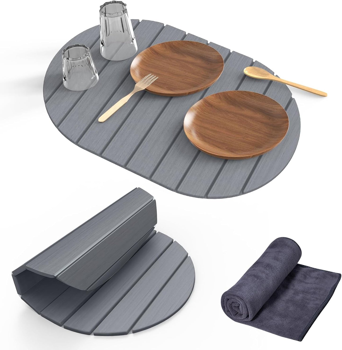 Stone Dish Drying Mat for Kitchen Counter,24"(L)×16"(W) Collapsible Fast-Drying Diatomaceous Earth Mats with Towel Sanding Tool,Versatile Stone Drying Mats for Cups Dishes Bottles