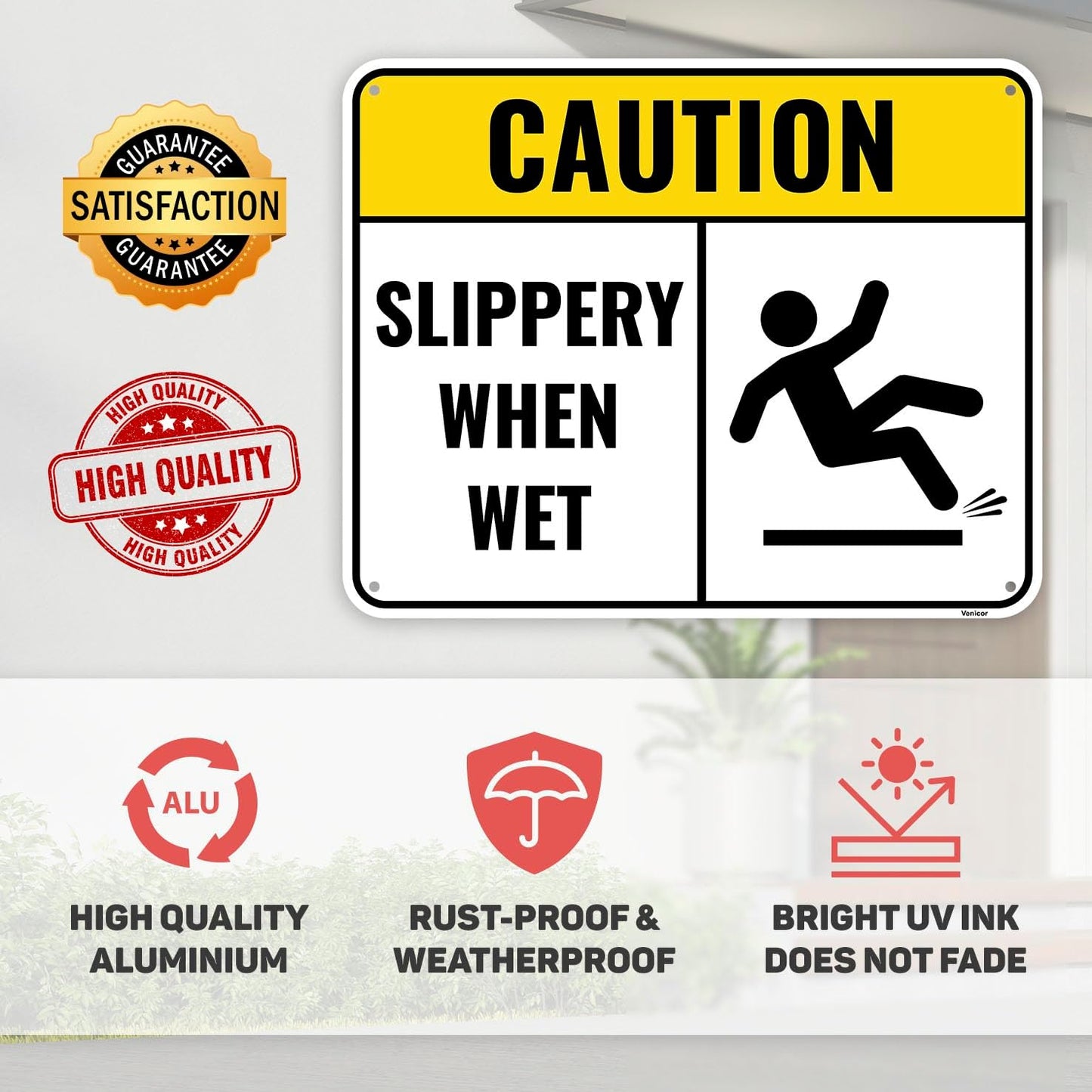 2PC Slippery When Wet Sign, 10 x 8 Inches - Aluminum - Caution Wet Floor Sign 2 Pack