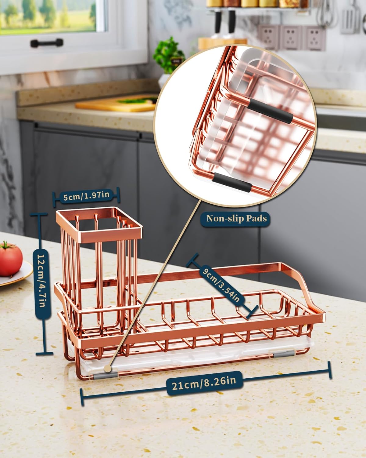 Consumest Sponge Holder for Kitchen Sink - Sink Caddy Kitchen Organizer with Removable Drip Tray for Countertop Dish Soap Dispenser Brush Storage Accessories 304 Stainless Steel, Rose Gold