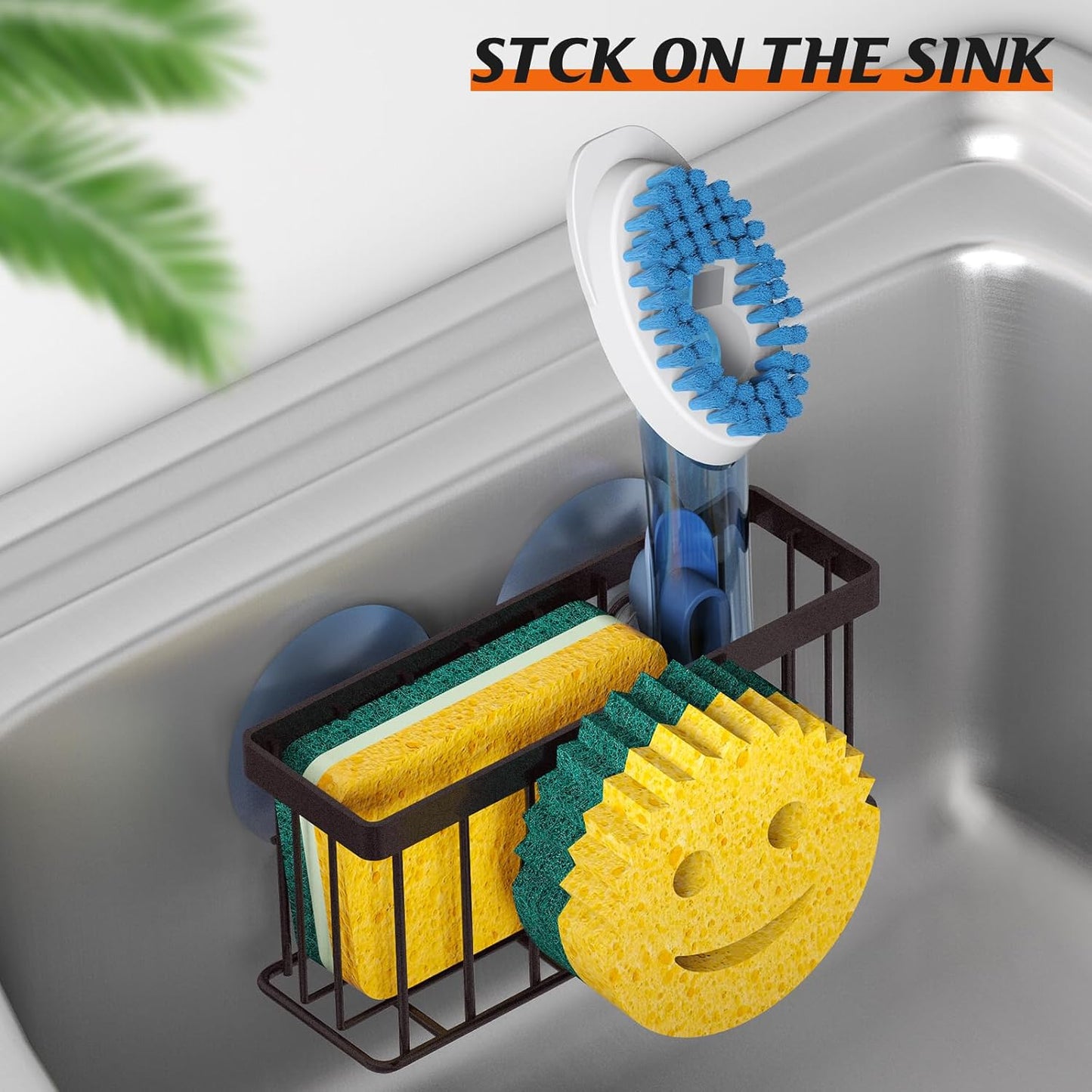 Sponge Holder Smiley Face,Sink Caddy,Sink Organizer with 2 Suction Cups/1 Adhesive Strips,Designed for Sponge,Soap,Dish Brush,Scrubber - Bronze