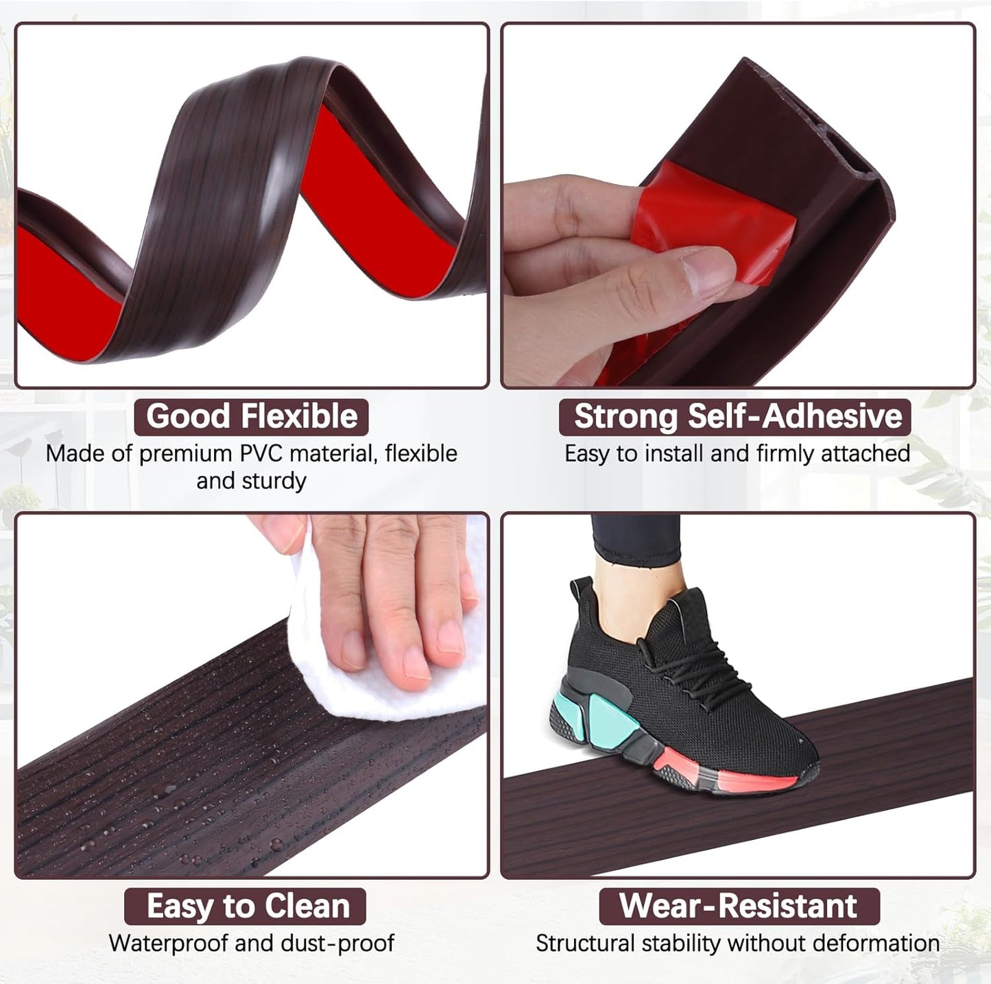 Vinyl Door Threshold Flooring Transition Strip Self Adhesive Carpet Edging Strip for Laminate Doorway Edge Threshold from 2/5" to 3/5" (Black Walnut Wood Grain, 3.3 Ft)