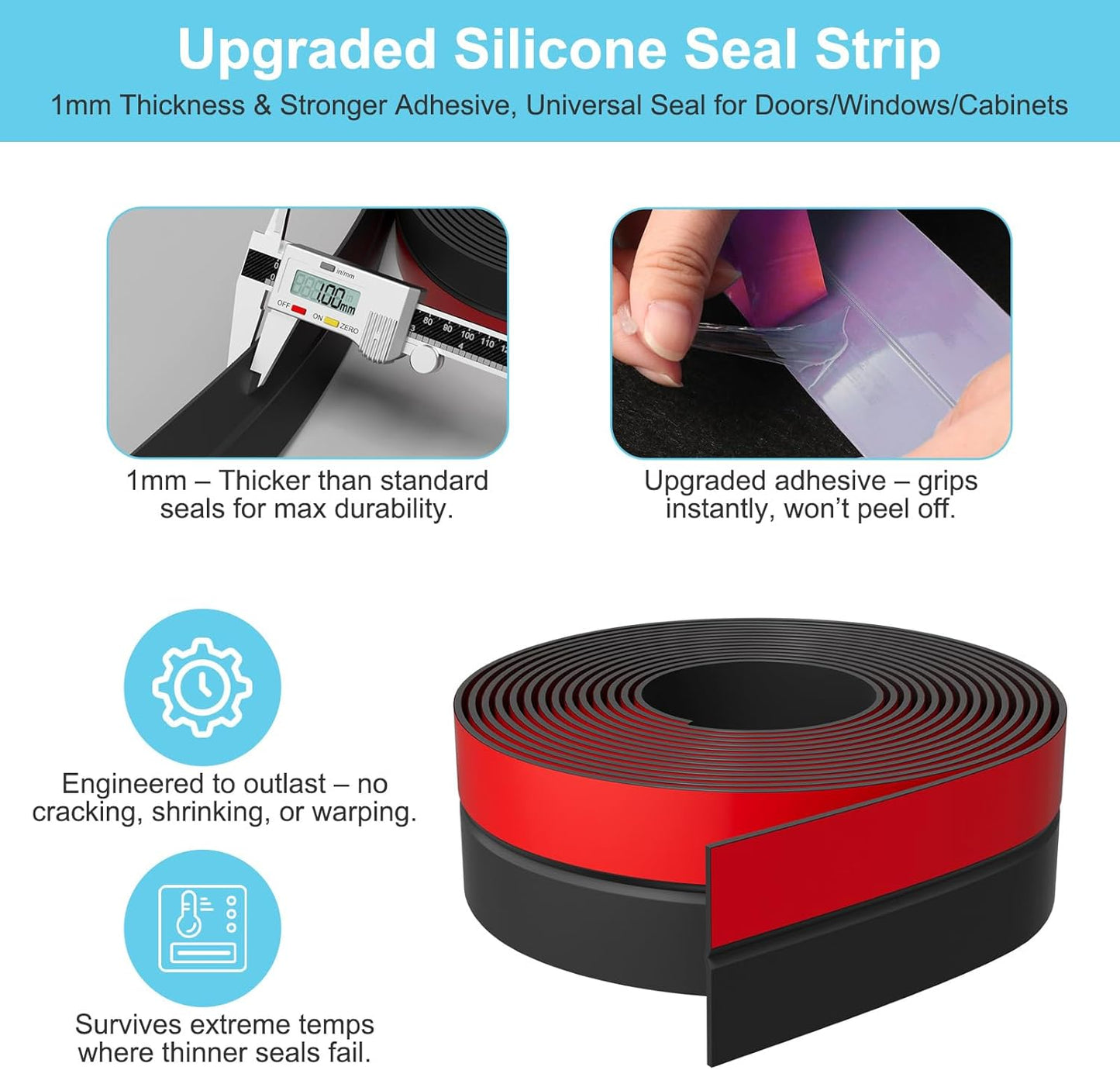 Heavy-Duty 10 ft x 3 in Weather Stripping, Extra Thick 2mm Door Draft Stopper Silicone Seal Strip for House and Glass Shower Doors for Collision and Side Gaps of Door and Windows, Black