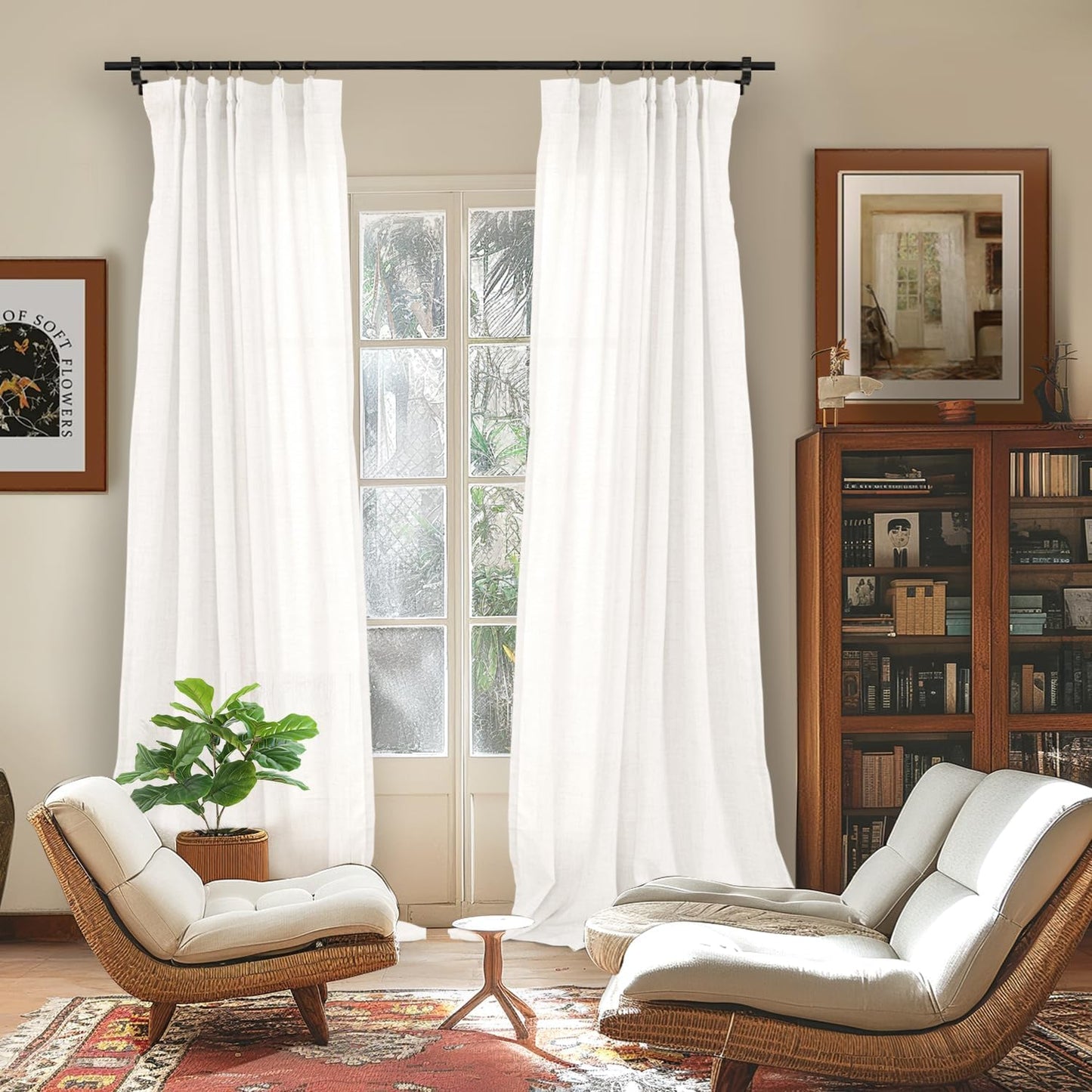YoungsTex White Linen Semi Sheer Curtains 108 Inch Length 2 Panels, Light Filtering Window Drapes Extro Long for Living Room Bedroom, 40 X 108 Inch