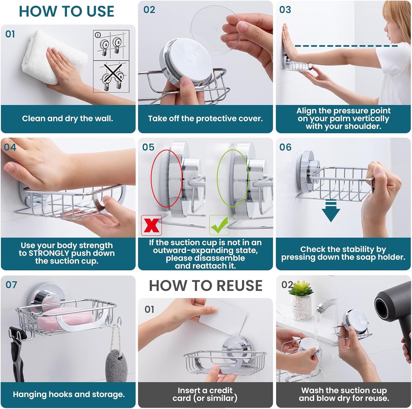 TAILI Soap Bar Holder Dish with Hooks, Shower Soap Tray Saver Suction Cup with Razor Holder for Wall, Rustproof Stainless Steel Bath Shampoo Caddy for Bathroom Accessories Organizer, Silver