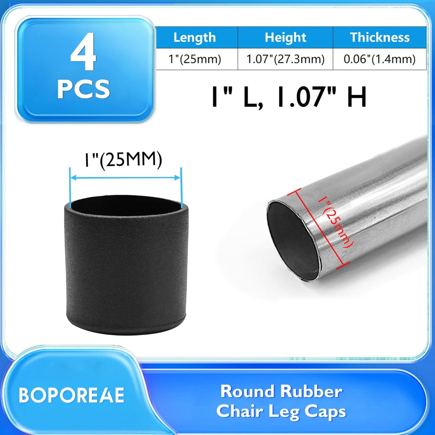 4 Pcs 1" Round Rubber Chair Leg Caps, PVC Table Leg Covers, Flexible & Anti-Slip Furniture Leg End Caps, Chair Leg Floor Protectors for Bar Stool Leg Patio Indoor, Black