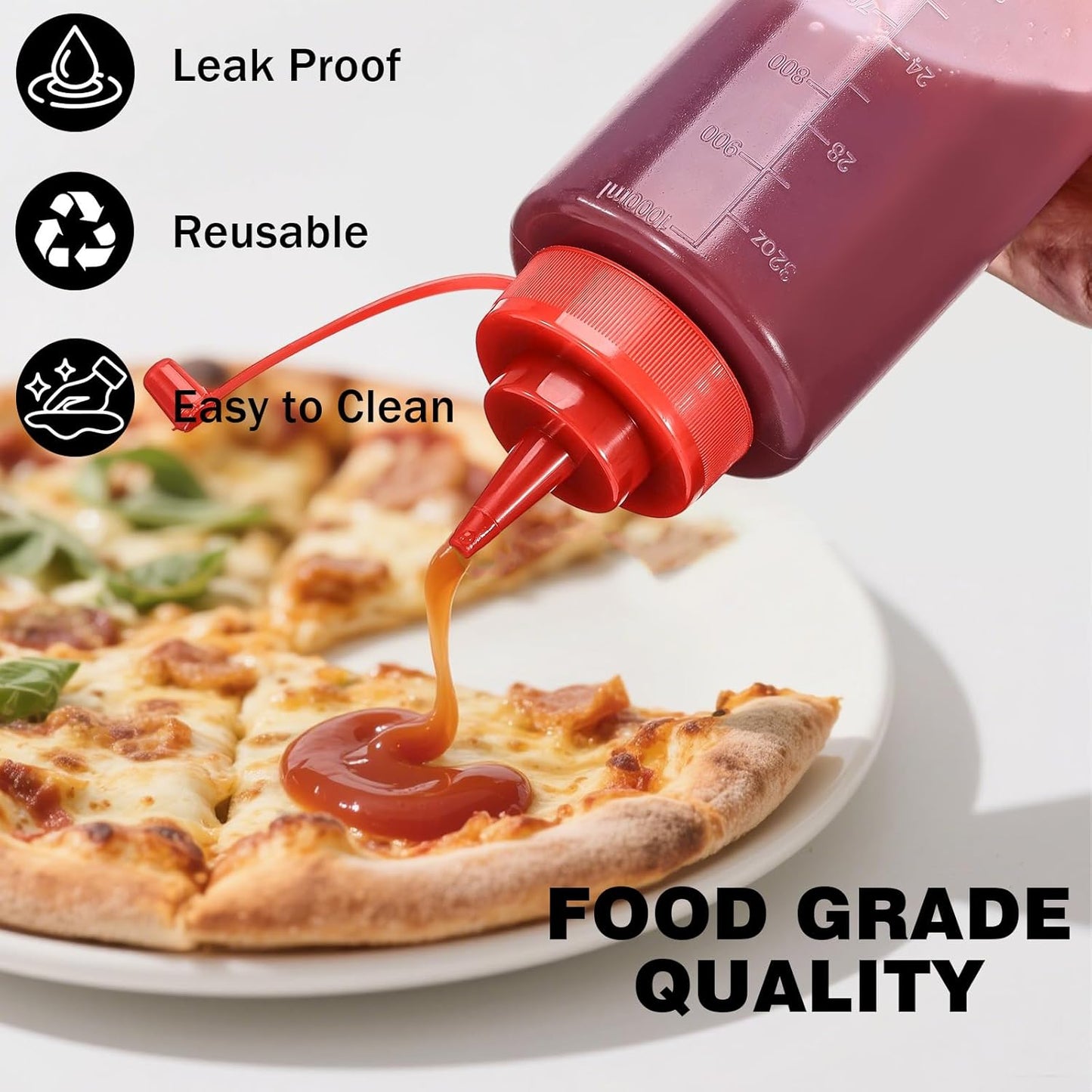 Condiment Squeeze Bottles Ketchup Dispenser, 6 Pack 32oz Squeeze Bottles for Liquids, Plastic Sauce Bottle with Cap Lid, Squirt Bottles for Sauces Liquids BBQ Dressing Pancake Art